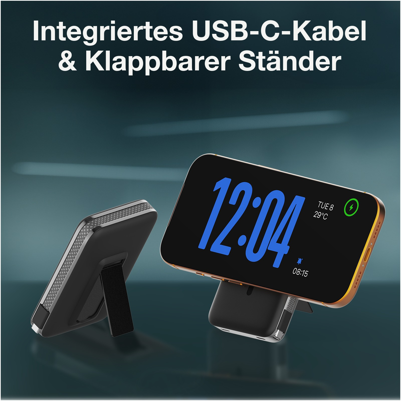 Ein schwarzes Ladegehäuse mit ausklappbarem Ständer und ein Smartphone mit Uhrzeit 12:04.