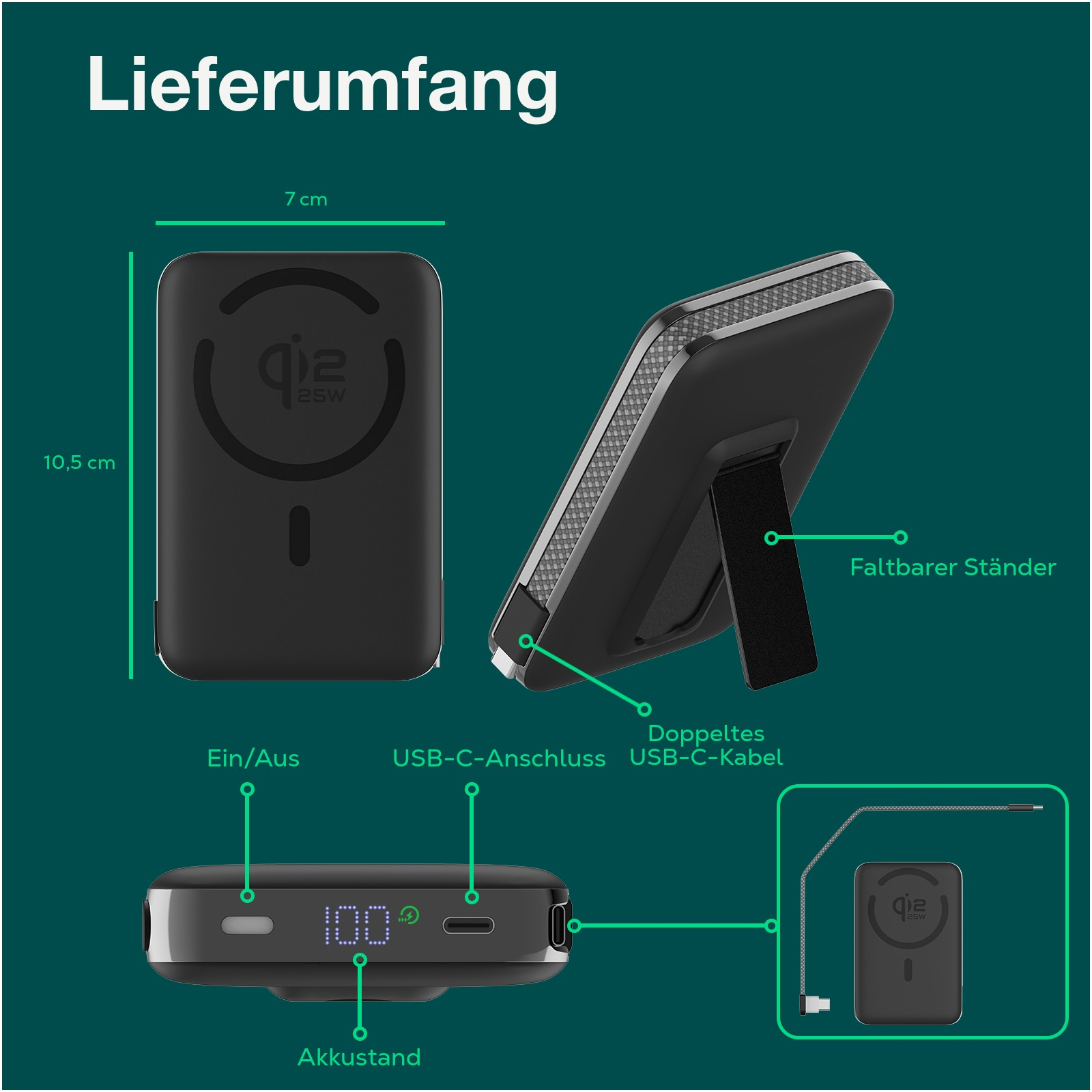 Schwarzes Ladegerät mit Ständer, Maße 10,5x7cm. Anschlüsse: Ein/Aus, USB-C, Akkuanzeige.