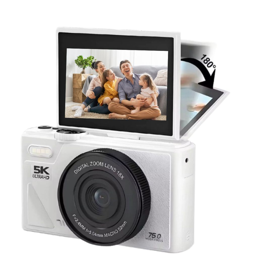 YECO 5K 75MP 18X Zoom Flaşlı MP4 Video Türkçe Menü Vlog Dijital Kamera Beyaz