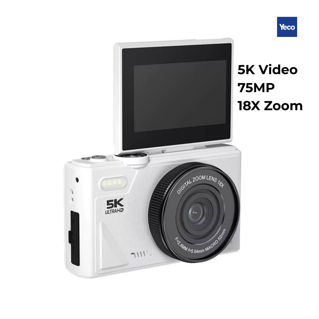 Katlanır ekranlı beyaz dijital kamera, 5K Ultra HD, 18x zoom lens.