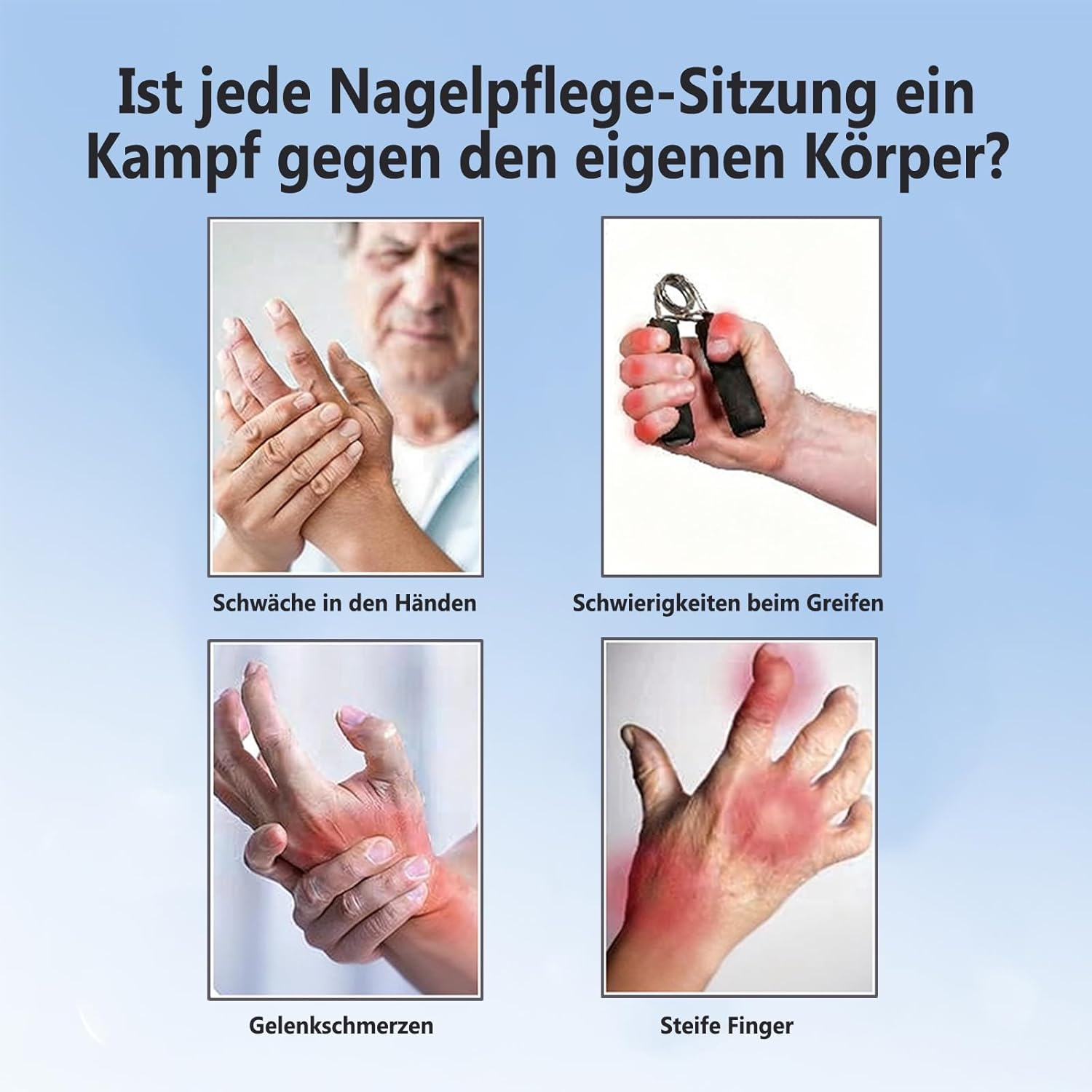 Vier Bilder von Händen mit Schmerzen, Schwäche, Griffproblemen und Steifheit.