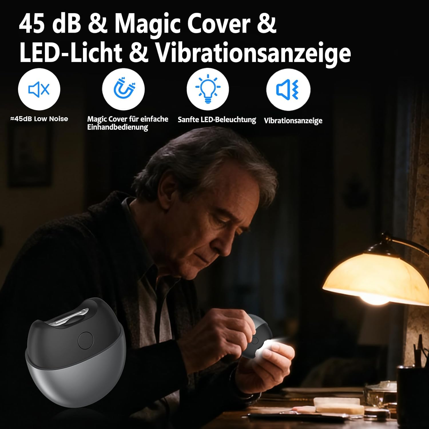 Ein Mann benutzt einen Nagelknipser mit Licht und Magnetabdeckung.