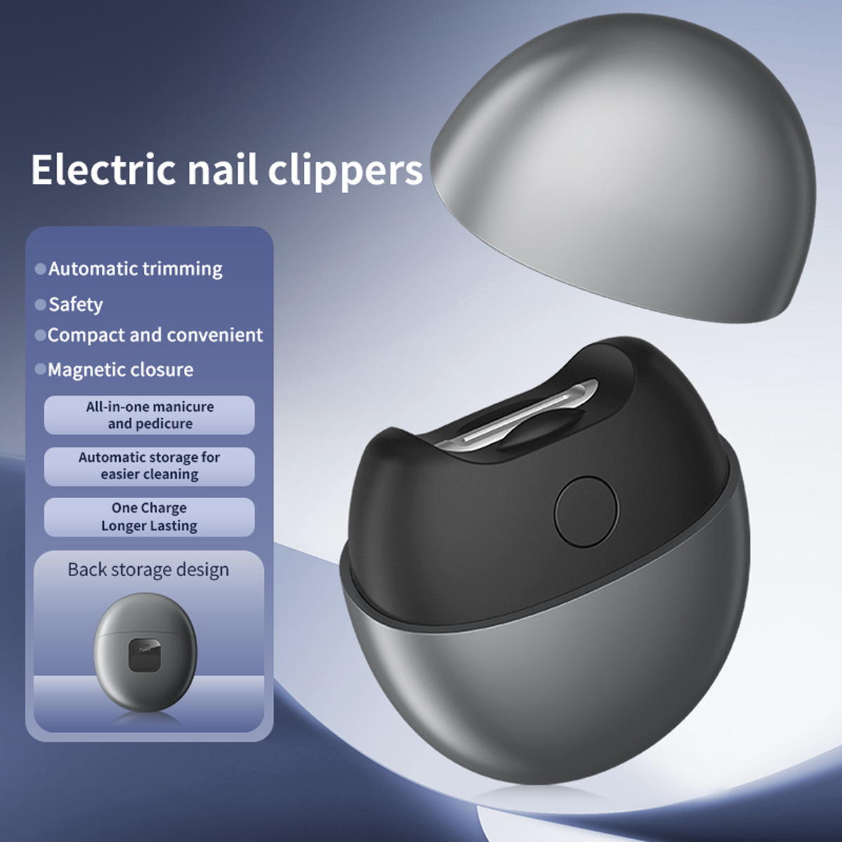 Elektrische Nagelschere mit silberner Abdeckung und schwarzem Gehäuse.
