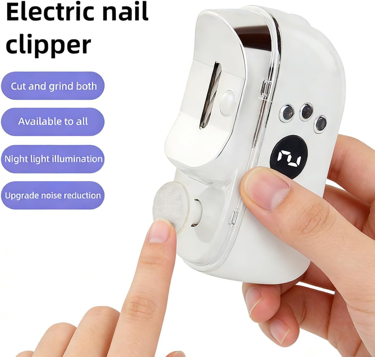 Weißer elektrischer Nagelknipser mit Digitalanzeige und Schleifkopf.
