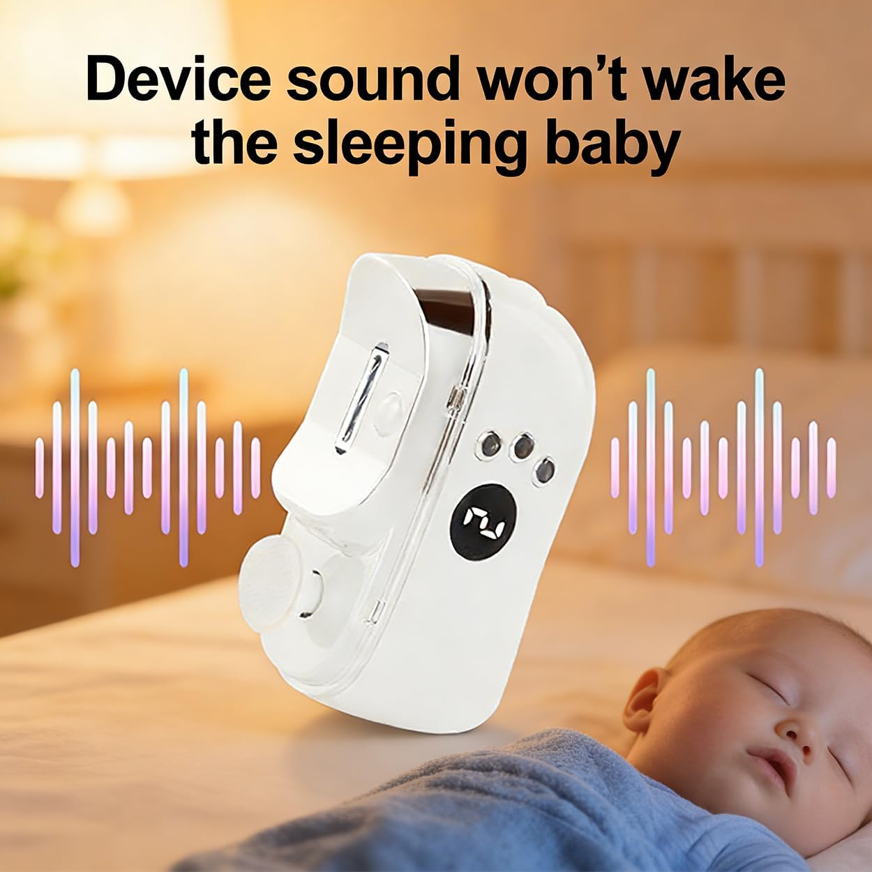 Ein weißes Gerät mit einem Bildschirm neben einem schlafenden Baby.