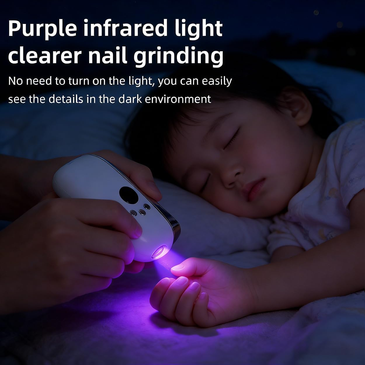 Ein Gerät mit lila Licht schleift die Nägel eines schlafenden Kindes.