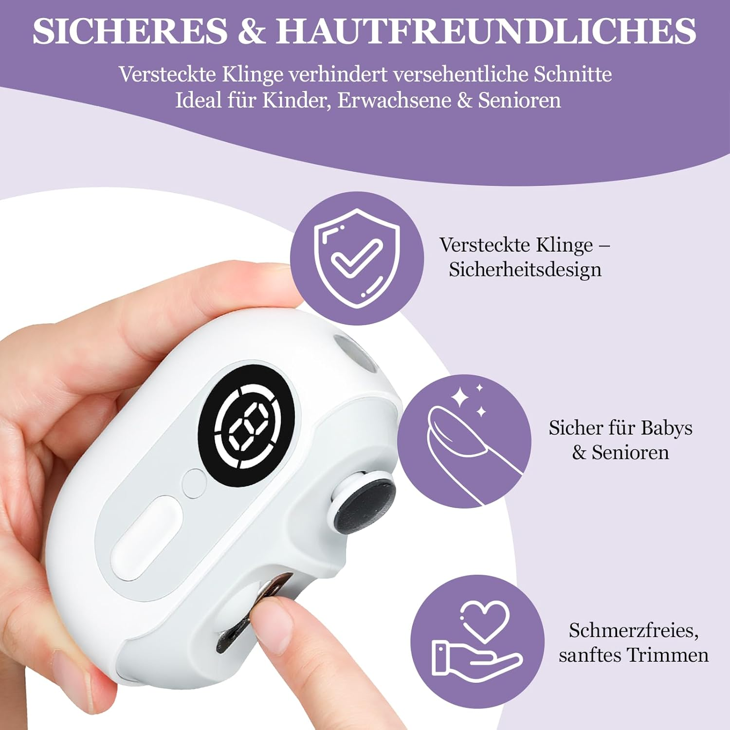 Ein weißes Nagelpflegegerät mit digitalen Anzeigen, das von Händen gehalten wird.