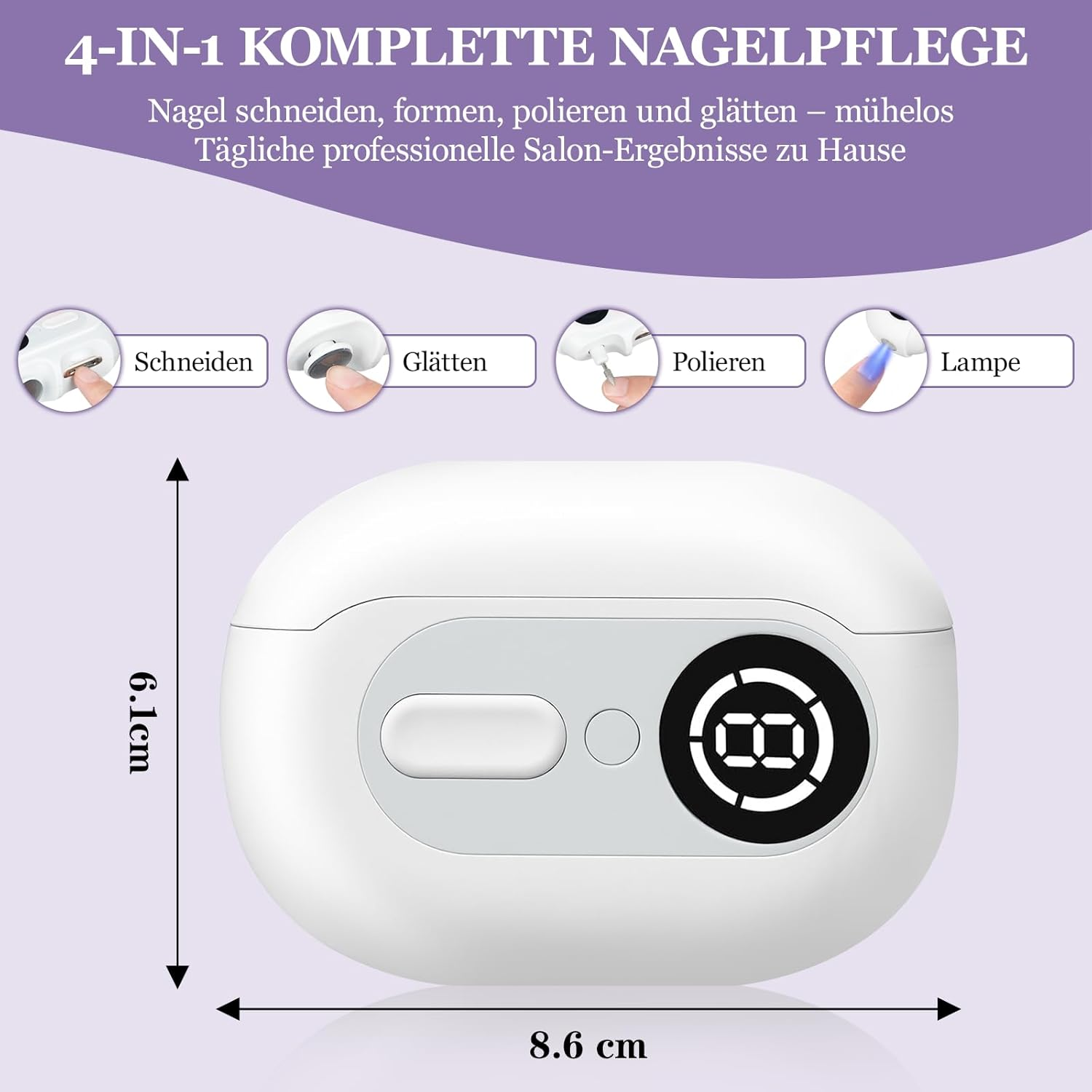 4-in-1 Nagelpflegegerät mit Zubehör für Schneiden, Glätten, Polieren, Lampe.
