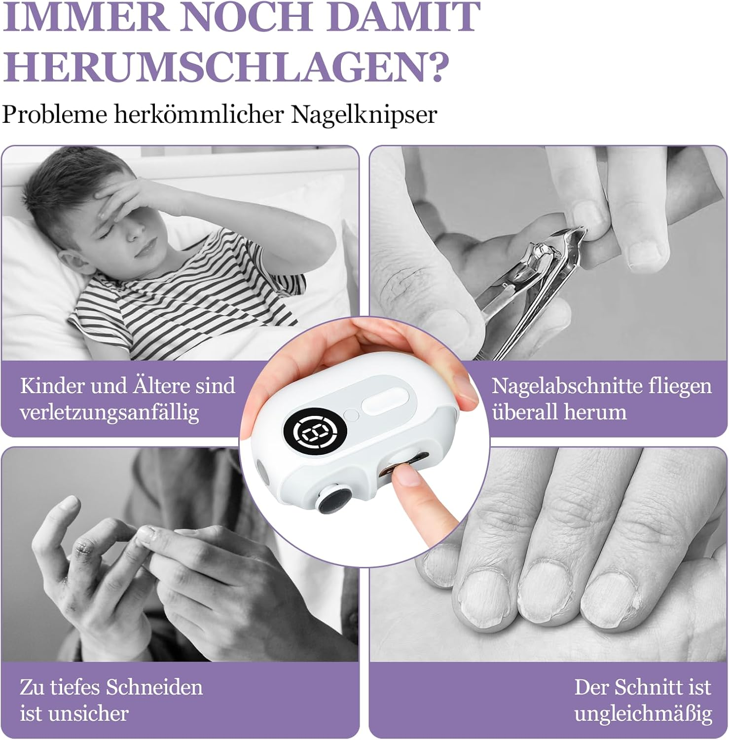 Bilderserie zu Problemen mit Nagelknipsern: Kind, Nagelknipser, Hände, Nägel.