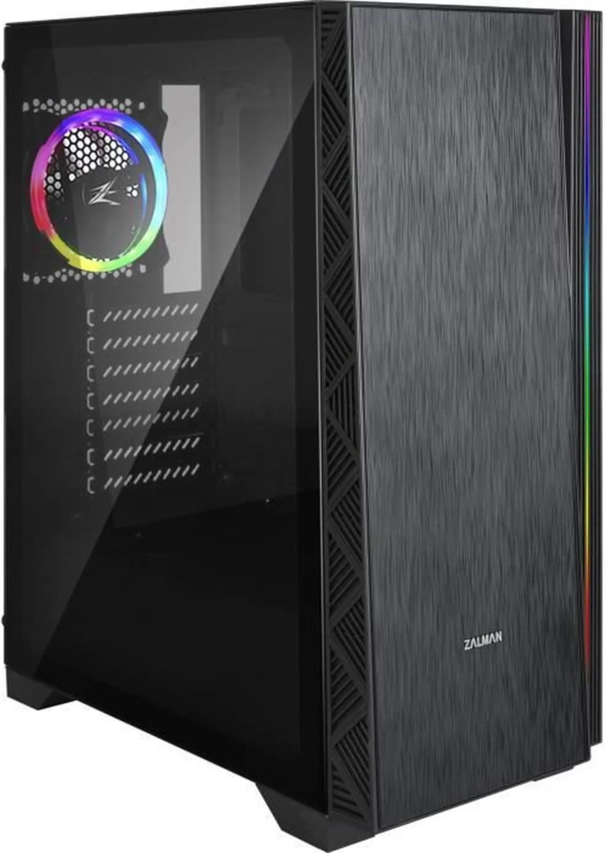 Een zwarte Zalman pc-behuizing met glazen zijpaneel en RGB-verlichting.