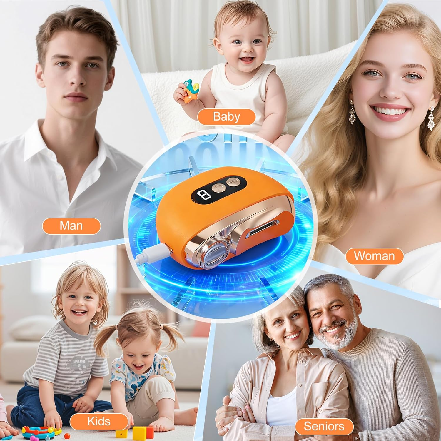 Ein Mann, ein Baby, eine Frau, Kinder und Senioren umgeben ein orangefarbenes Gerät.