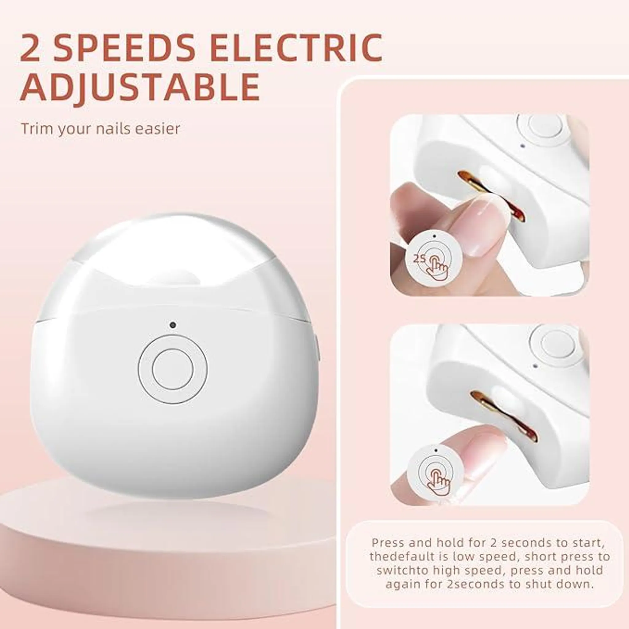 Elektrischer Nageltrimmer mit 2 Geschwindigkeiten, der einfach zu bedienen ist.