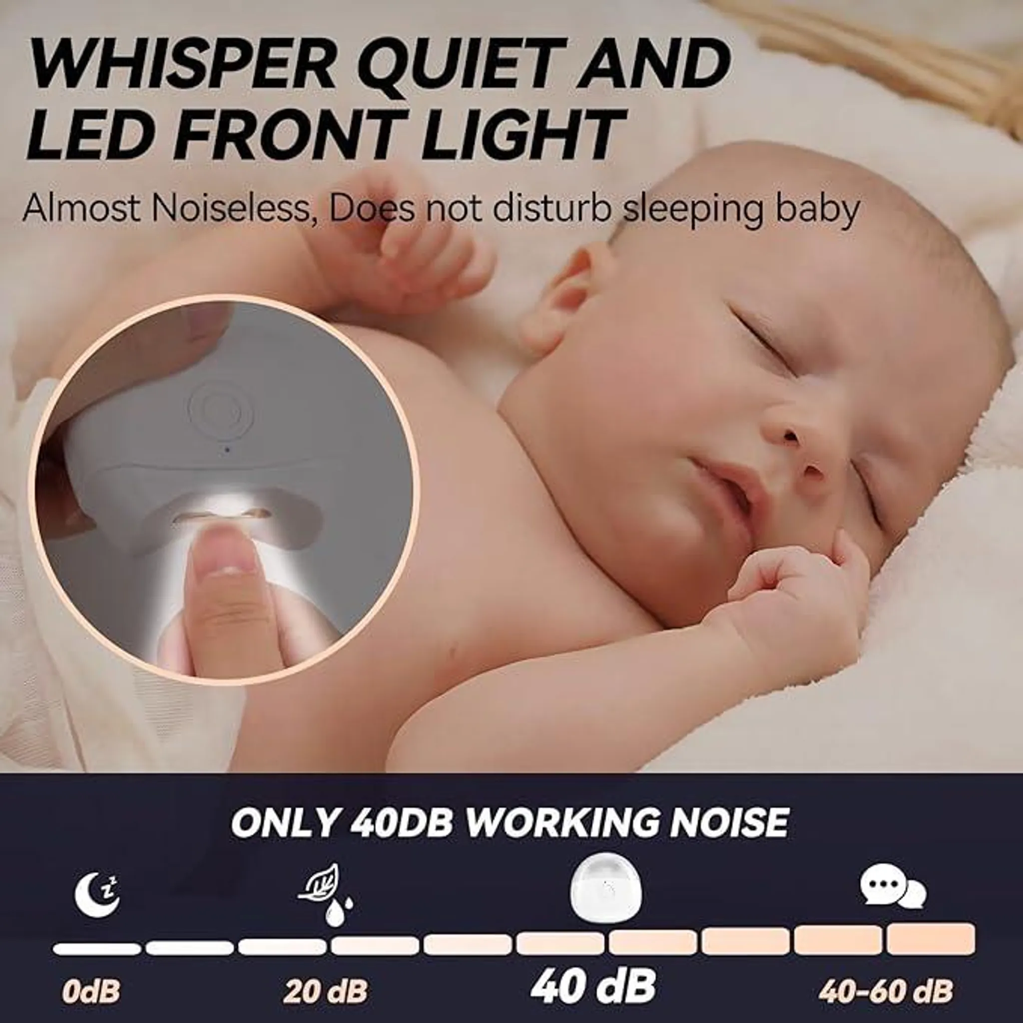 Ein schlafendes Baby, ein Gerät mit LED-Licht und eine Geräuschpegelanzeige.