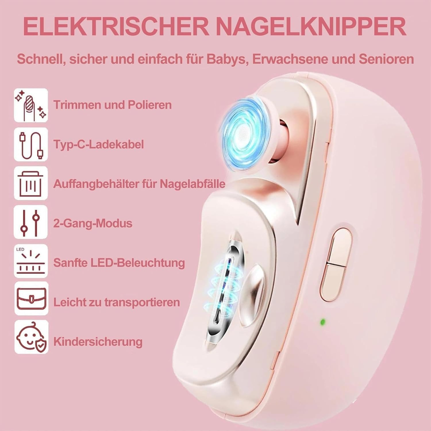 Elektrischer Nageltrenner mit LED, Typ-C-Ladekabel, Auffangbehälter, 2 Gänge.