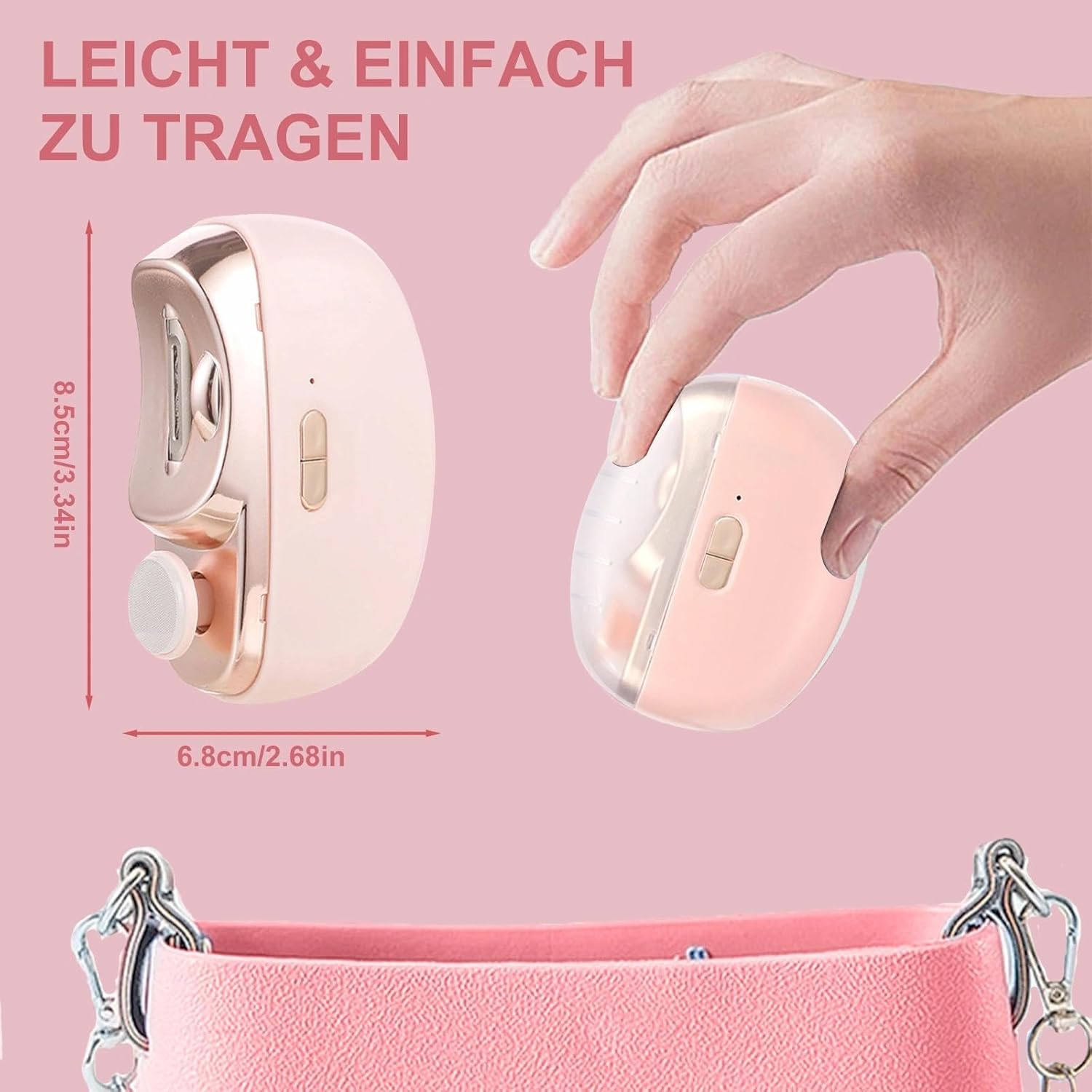 Eine Hand hält ein kleines rosa Gerät. Maße sind angegeben.