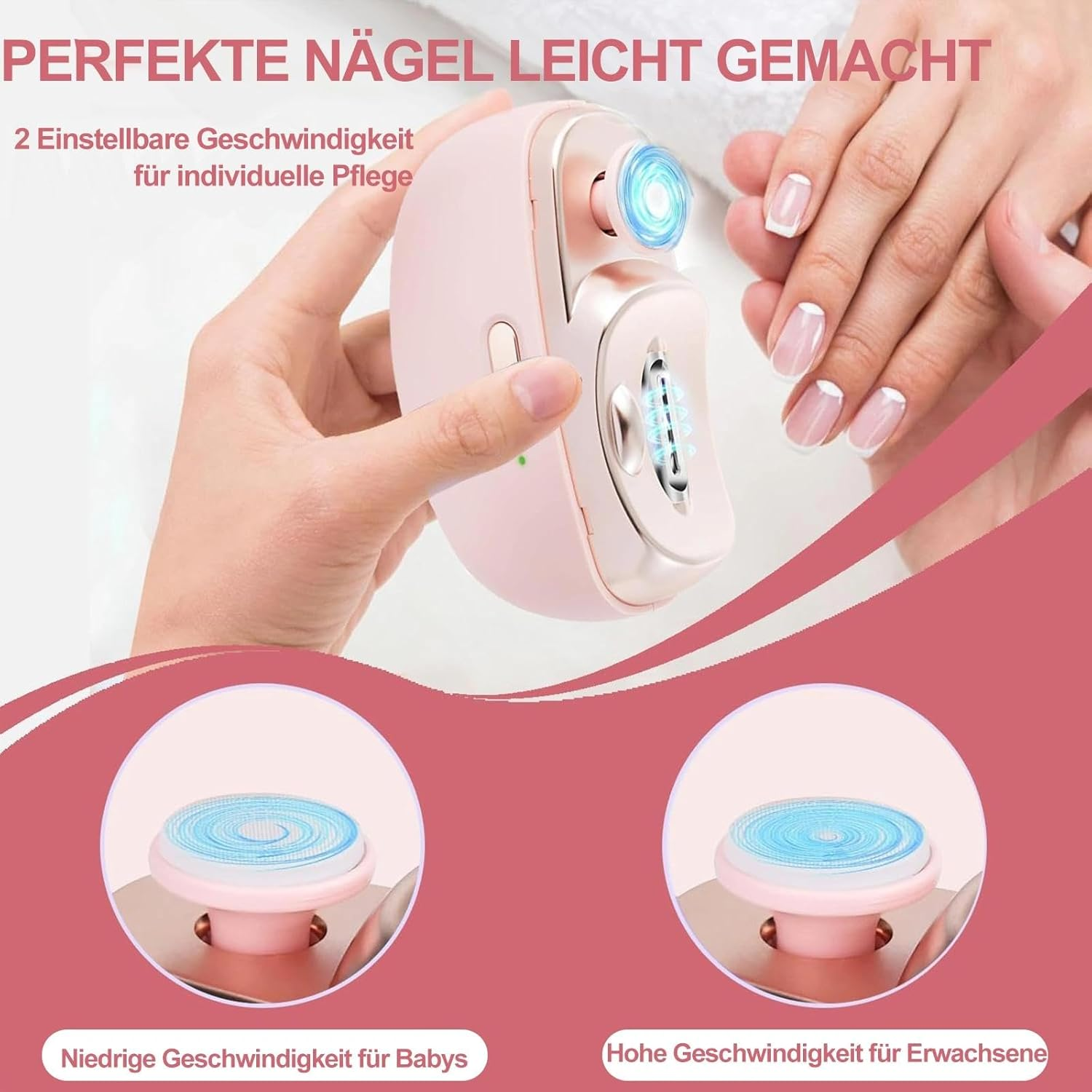 Ein rosafarbener Nagelpflegestift mit zwei Aufsätzen, die für Babys und Erwachsene geeignet sind.