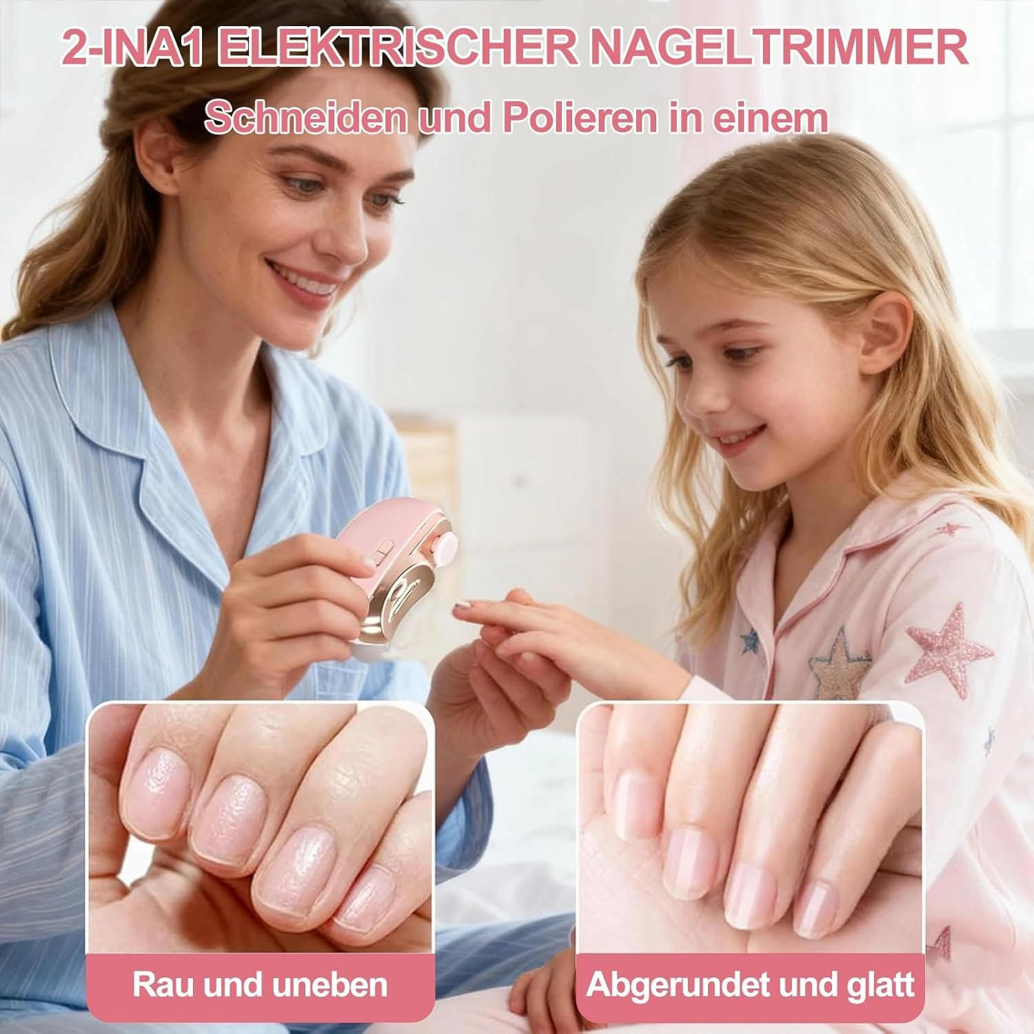 Frau und Kind mit rosa Nageltrimmer. Vorher/Nachher-Nägel.