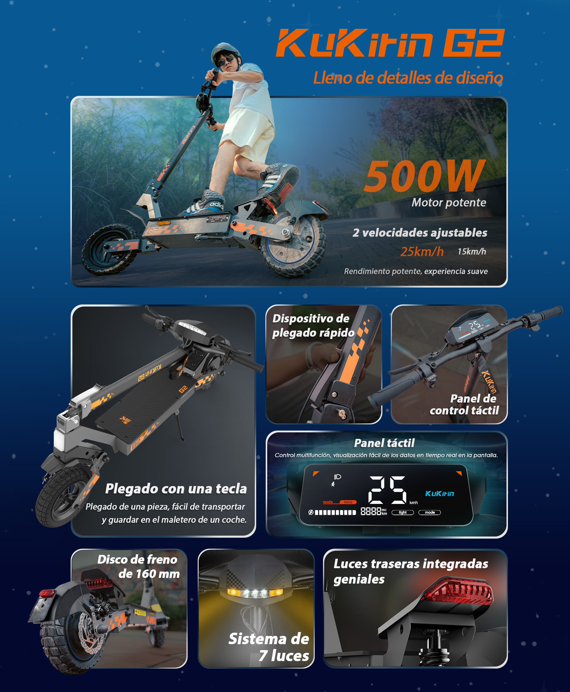 Anuncio del patinete eléctrico Kukirin G2, detalla potencia, plegado, frenos y pantalla.