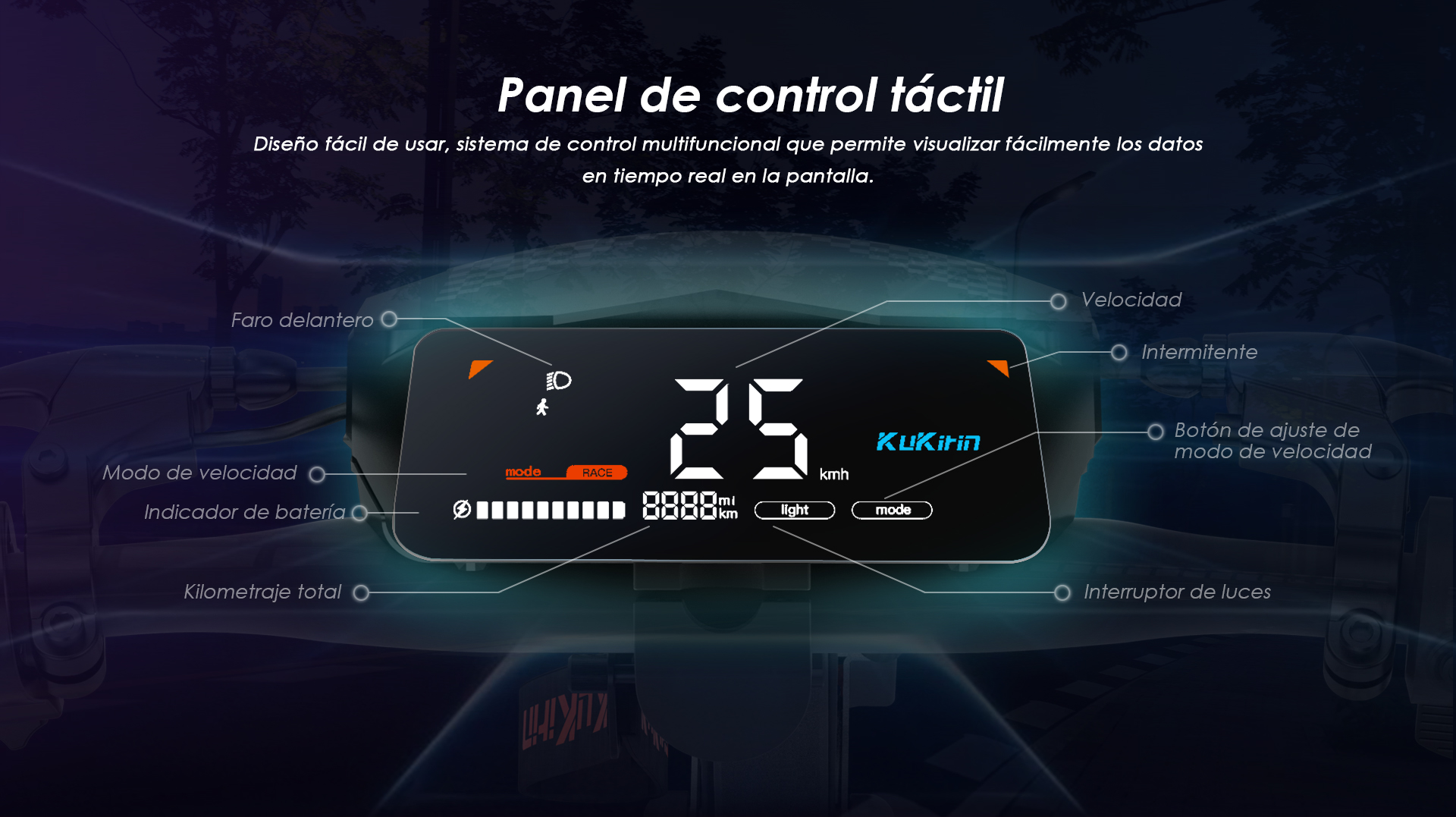 Pantalla patinete: Velocidad 25 km/h, batería, luz, modo.