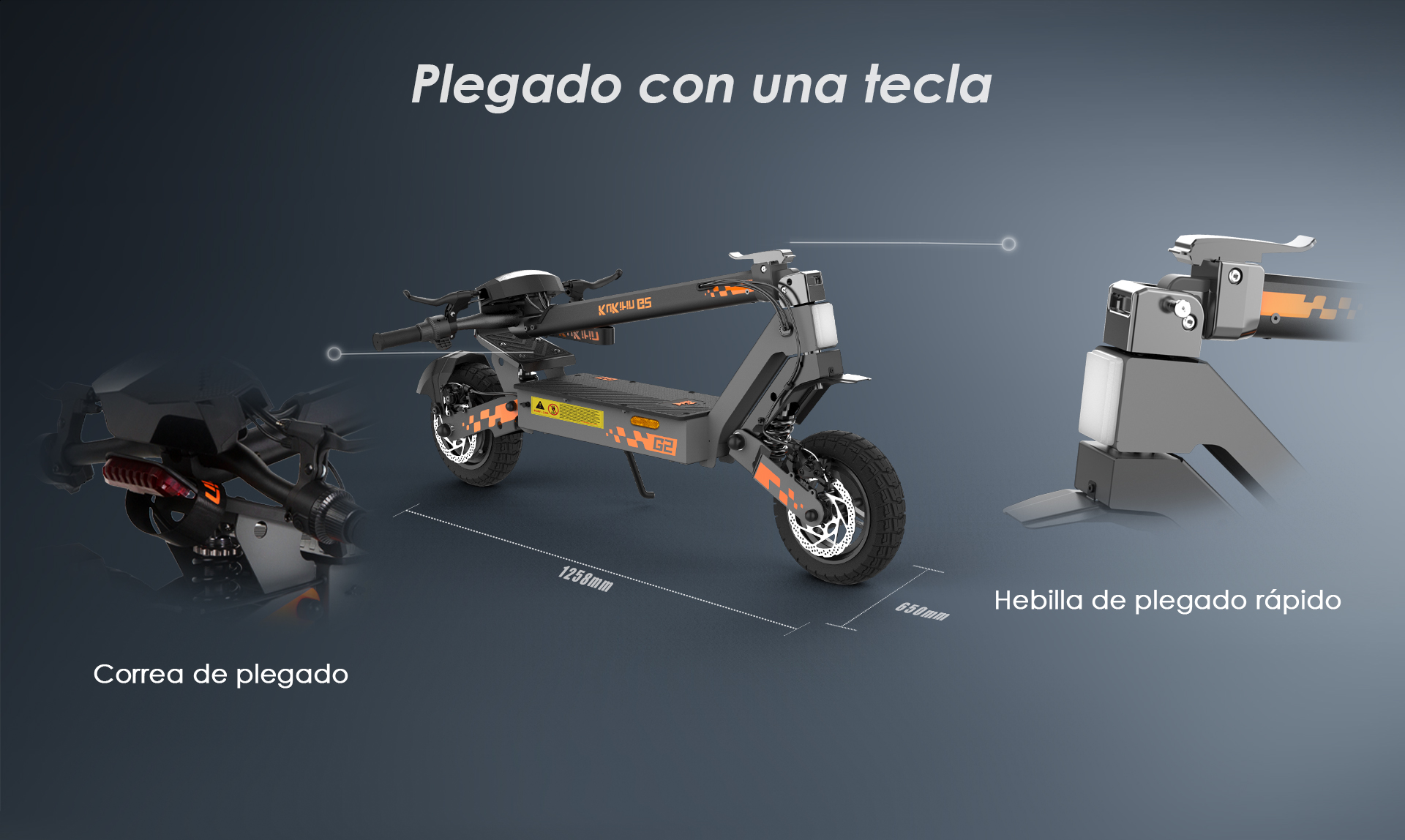 Un patinete eléctrico plegable gris y naranja con detalles del mecanismo.