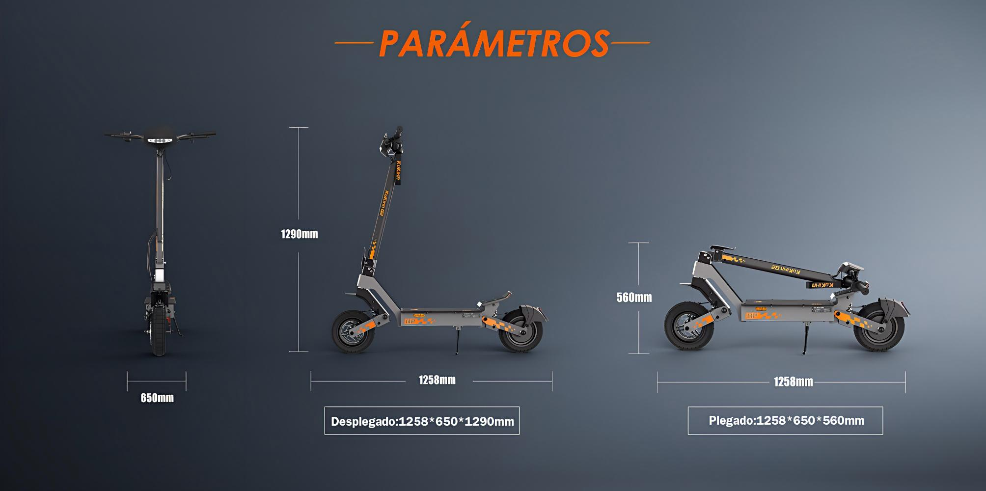 Patinete eléctrico mostrado en tres vistas: desplegado, plegado, con dimensiones.
