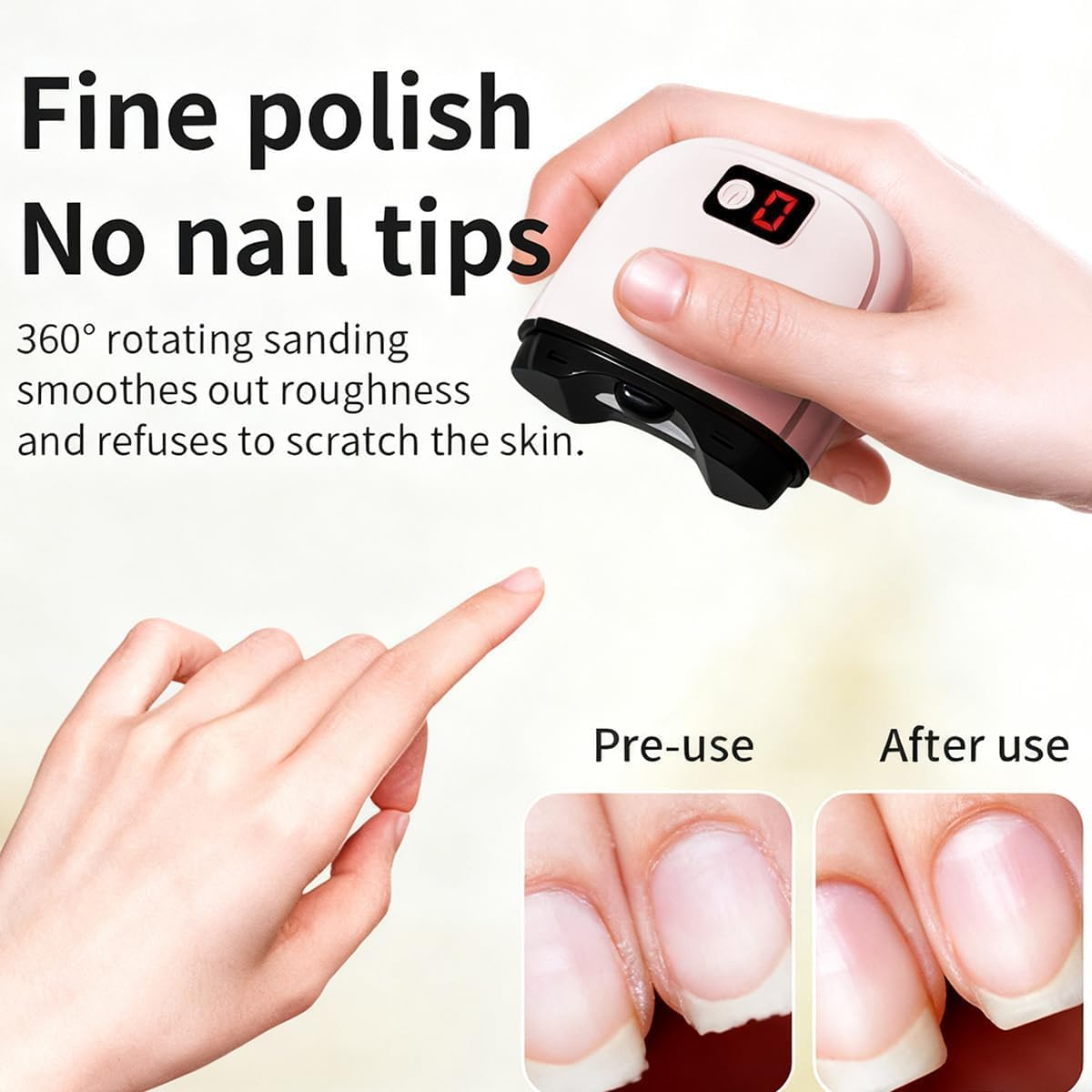 Eine Hand hält ein Nagelpflegegerät mit digitaler Anzeige. Vorher/Nachher-Bilder von Nägeln.
