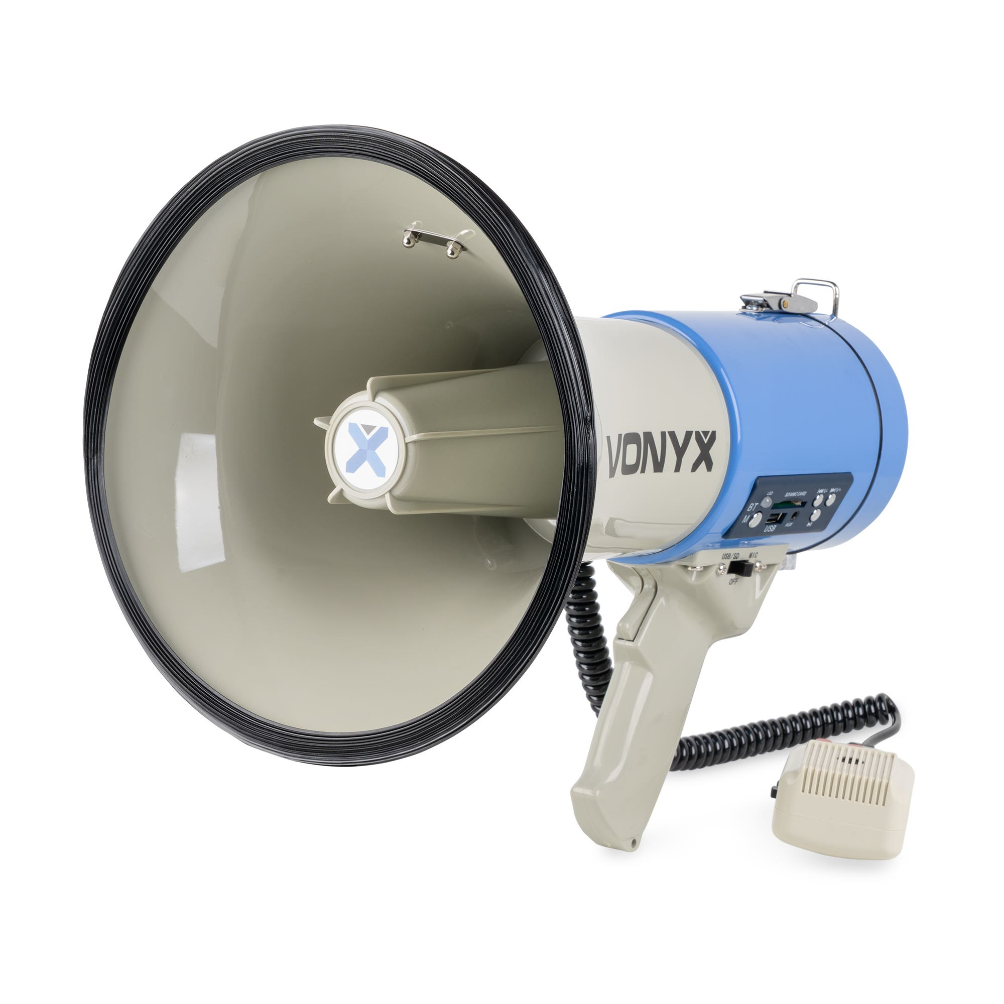 Un megáfono azul y gris con micrófono y altavoz.