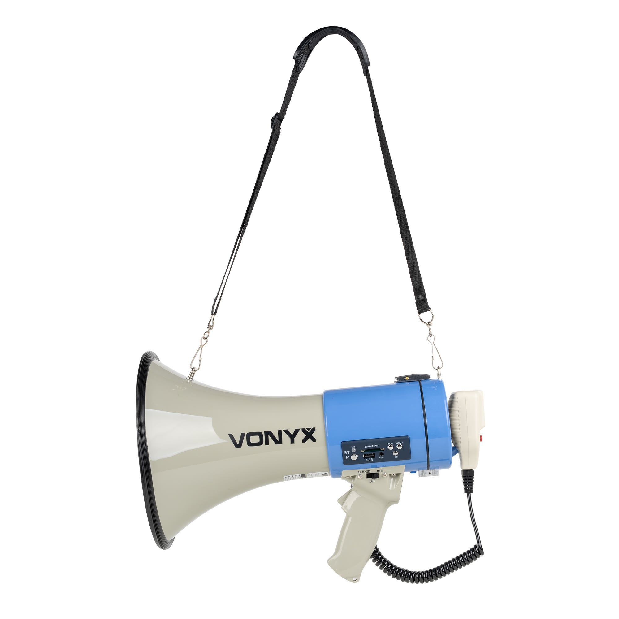 Un megáfono beige con unidad de control azul y correa, sobre fondo blanco.