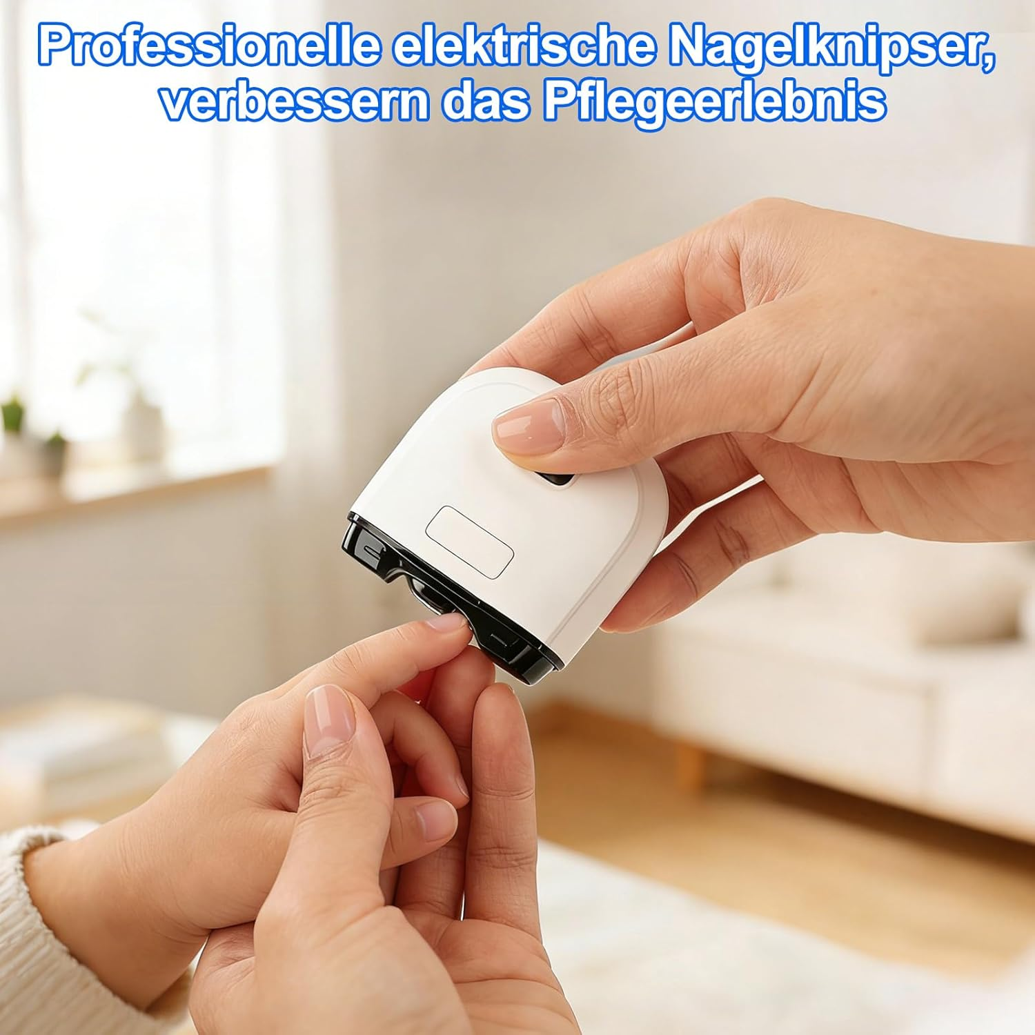 Eine Hand hält einen weißen elektrischen Nagelknipser, der einen Finger trimmt.