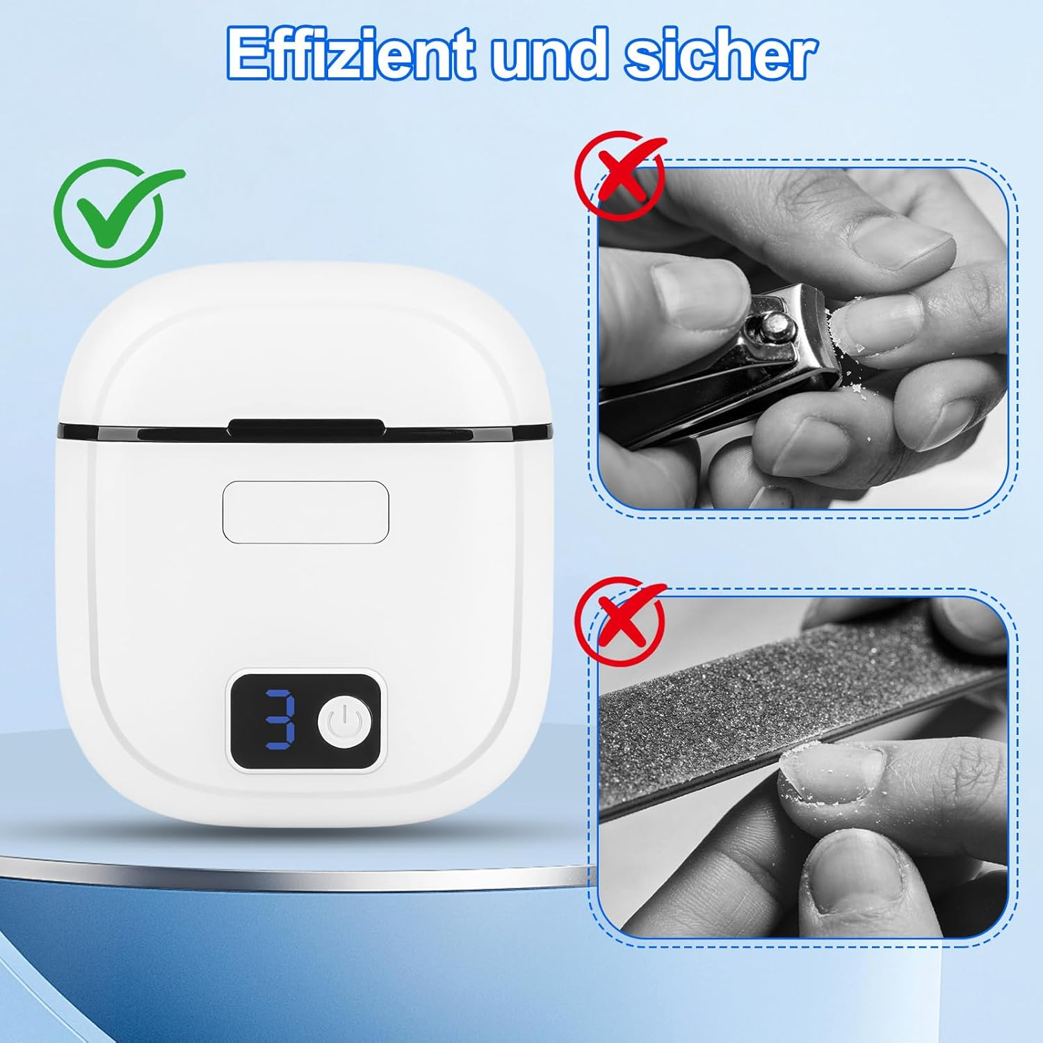 Effizient und sicher: Weißes Gerät mit digitaler Anzeige und Nägelpflege-Hinweisen.