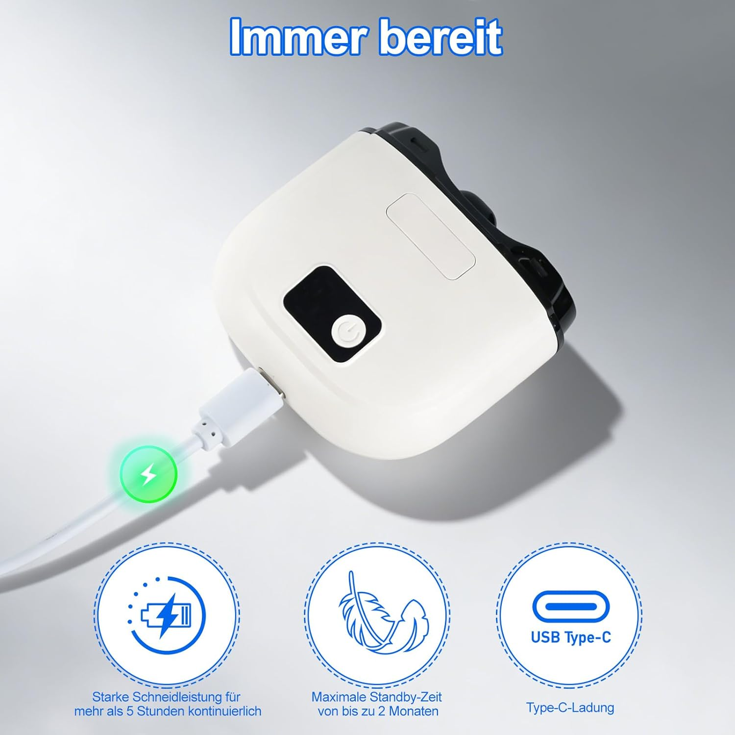 Ein weißer Rasierer wird über USB-C geladen, mit Icons für Leistung und Standby.