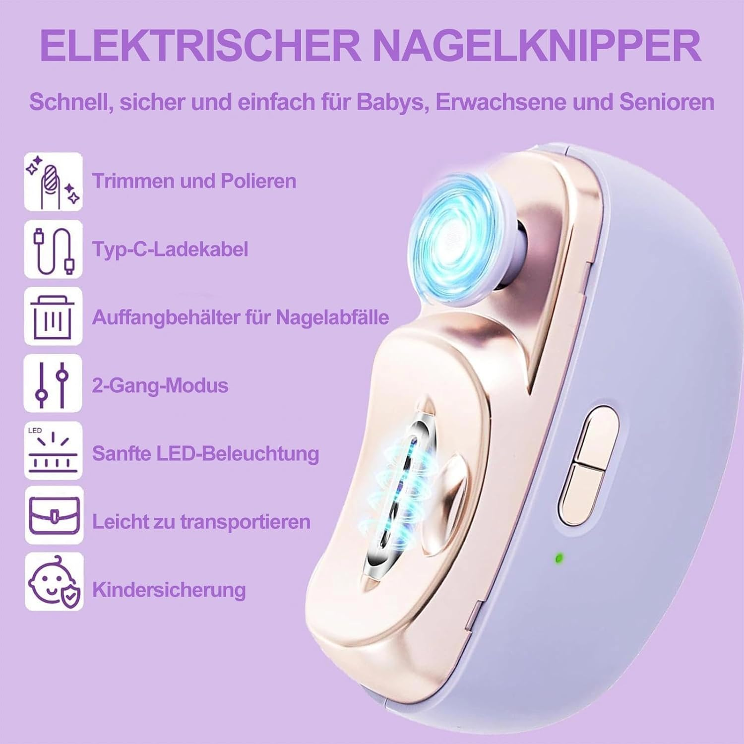 Ein elektrischer Nagelknipser mit Zubehör: Trimmer, Ladekabel, Auffangbehälter, LED.