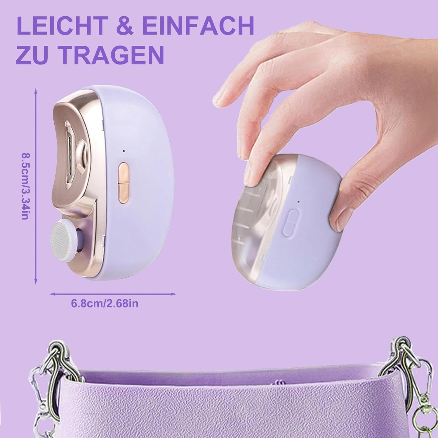 Ein hellviolettes Gerät mit silbernen Akzenten und Maßen wird von einer Hand gehalten.