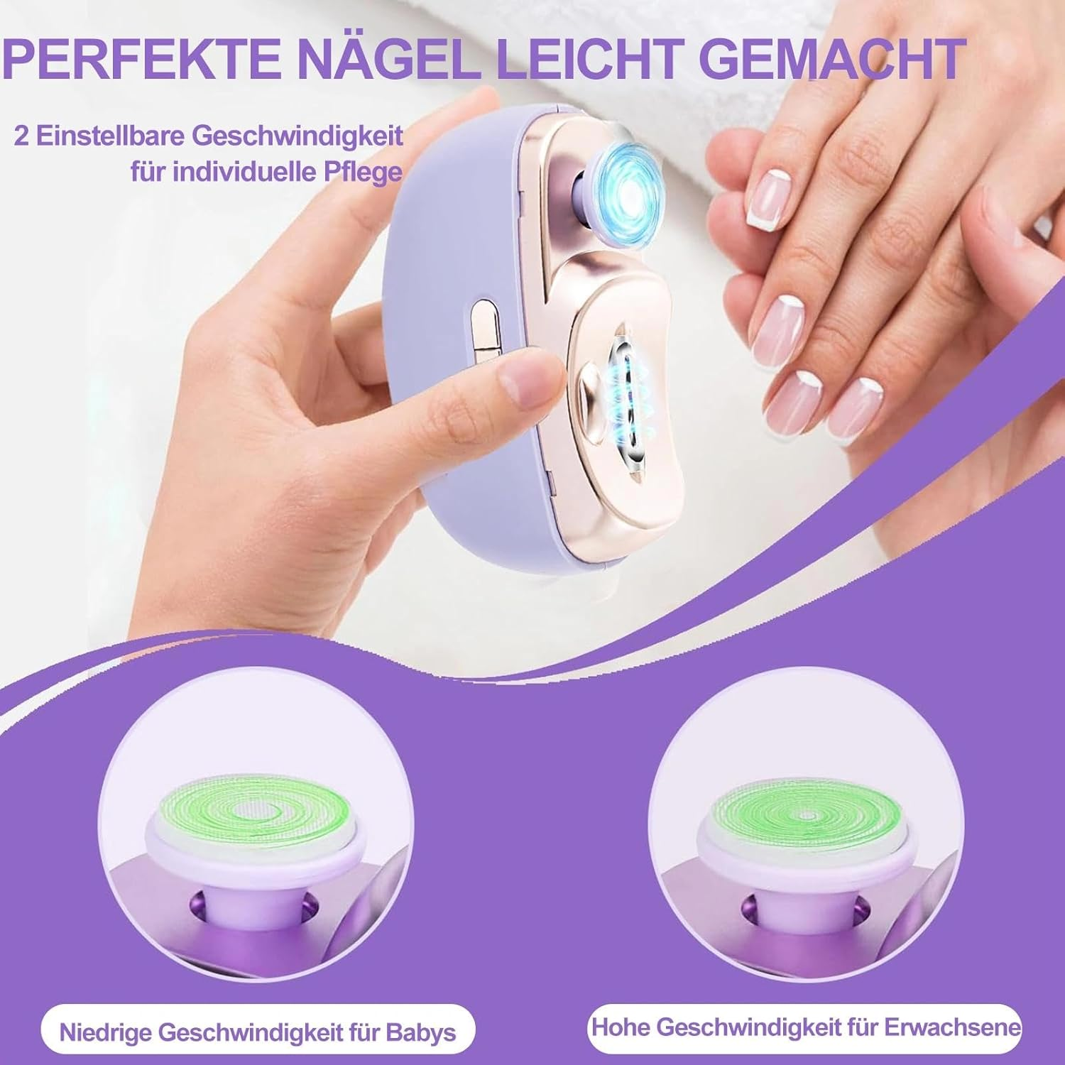 Lila Nagelpflegegerät mit zwei Aufsätzen für Babys und Erwachsene.