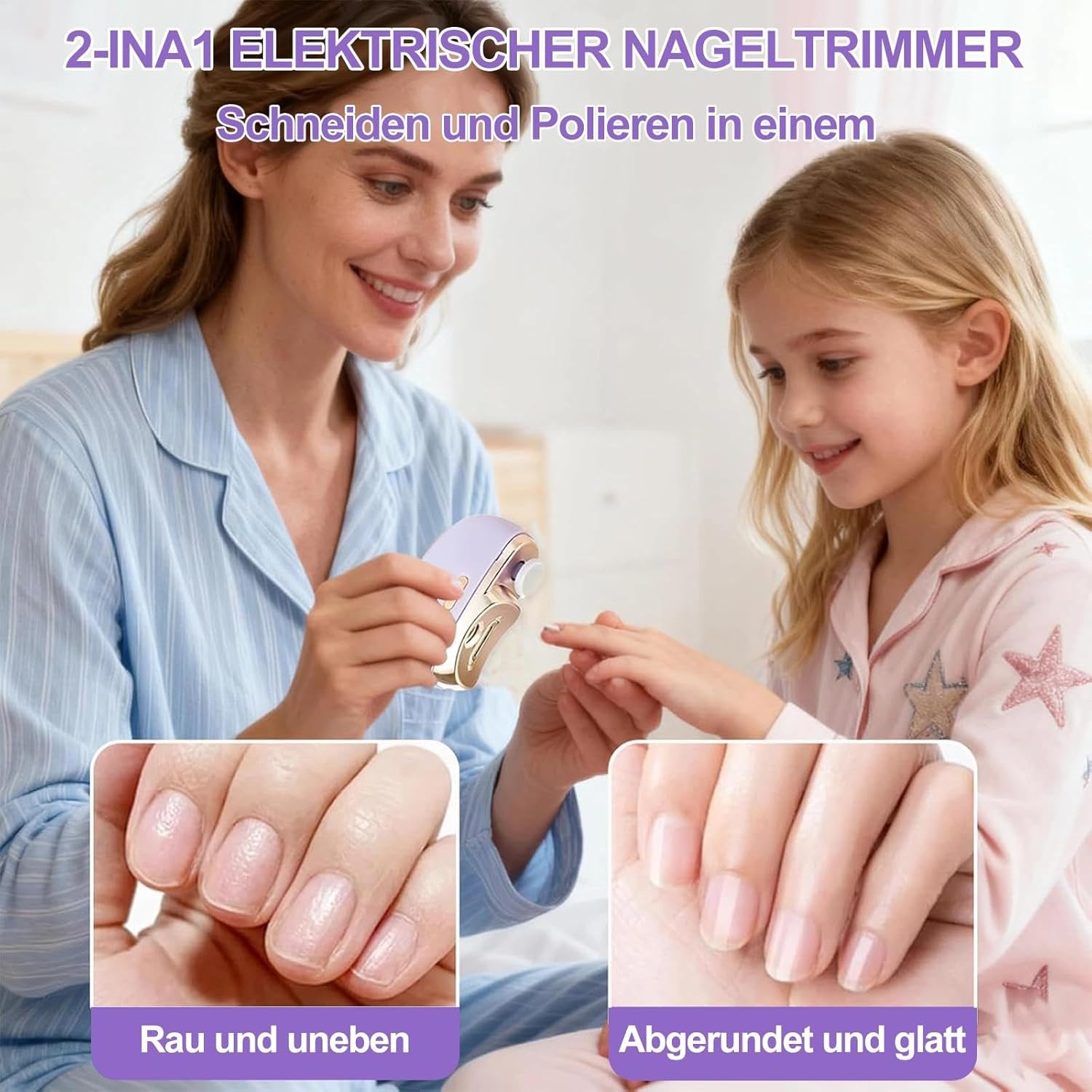 Frau und Kind nutzen elektrischen Nageltrimmer für glatte Nägel.