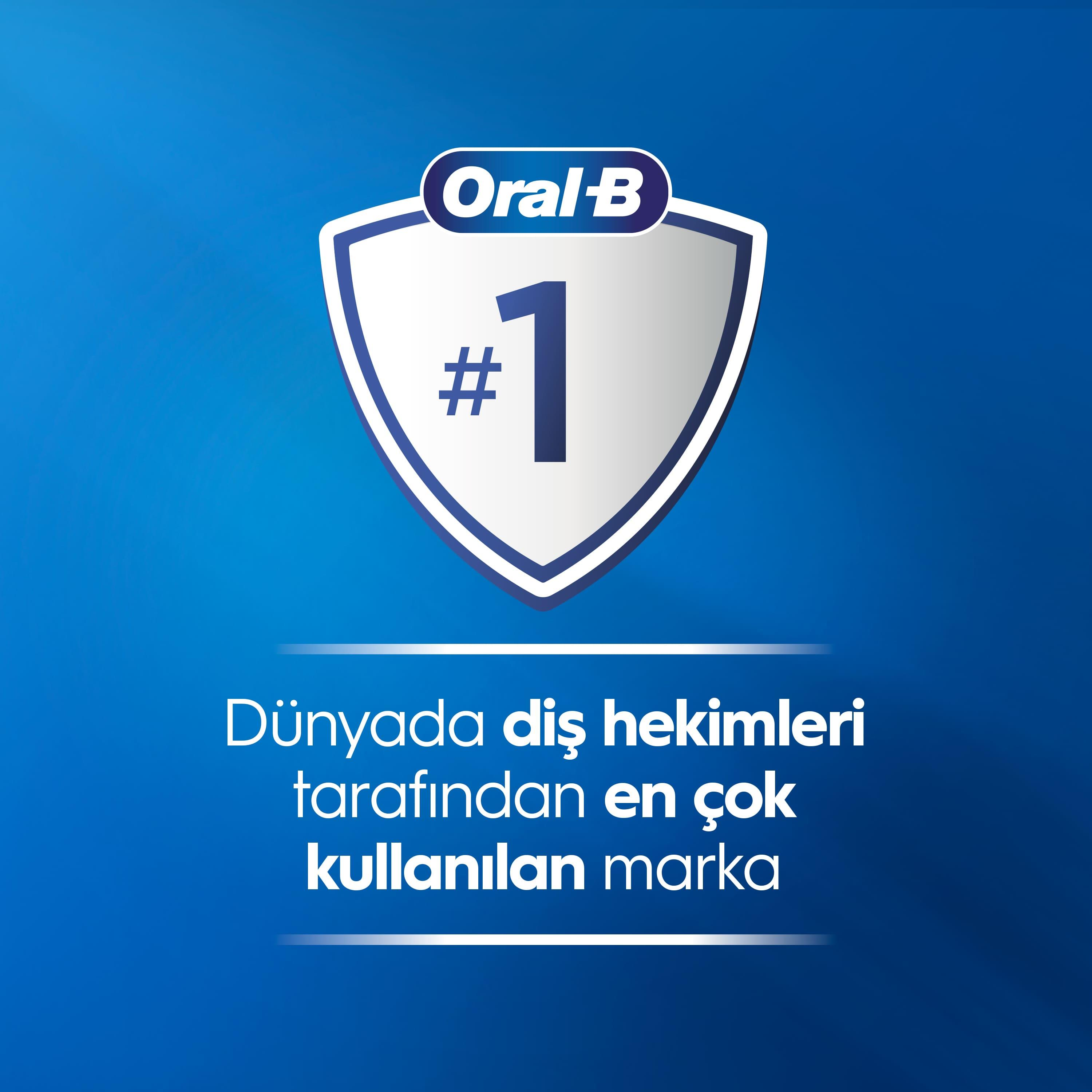 Oral-B logosu, 1 rakamı ve "Dünyada diş hekimleri tarafından en çok kullanılan marka" yazısı.