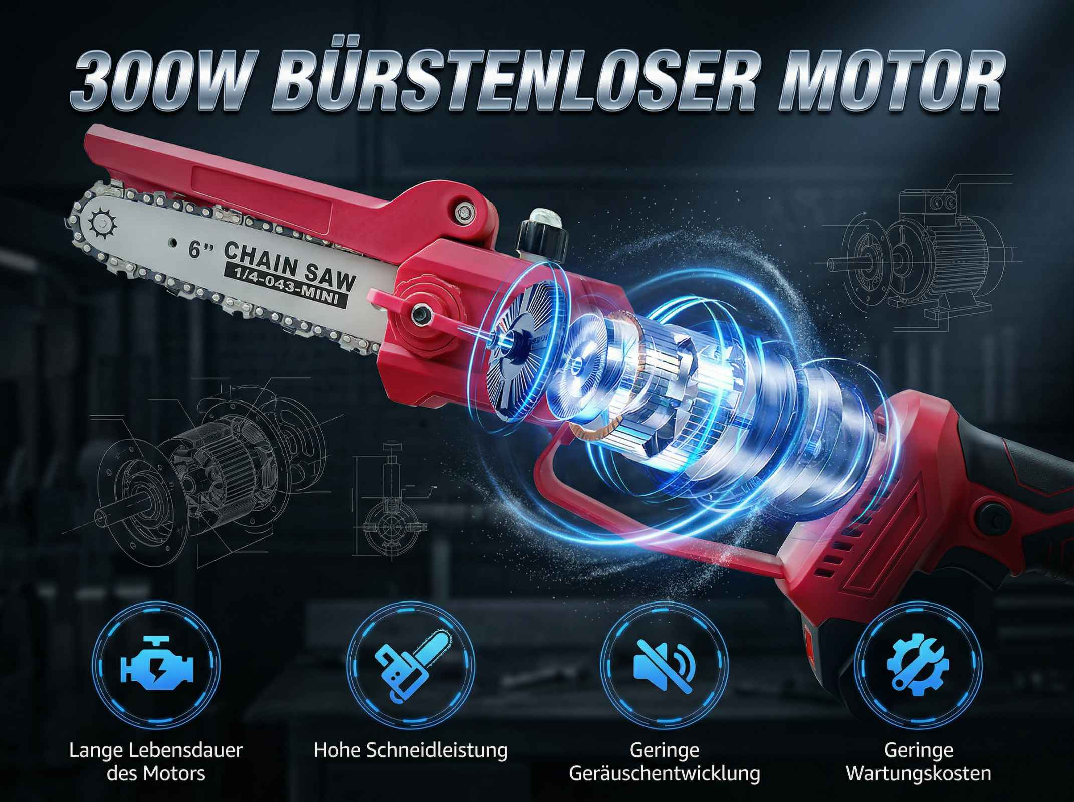 Rote Kettensäge mit 6 Zoll Schiene, 300W Motor, im Detail dargestellt.