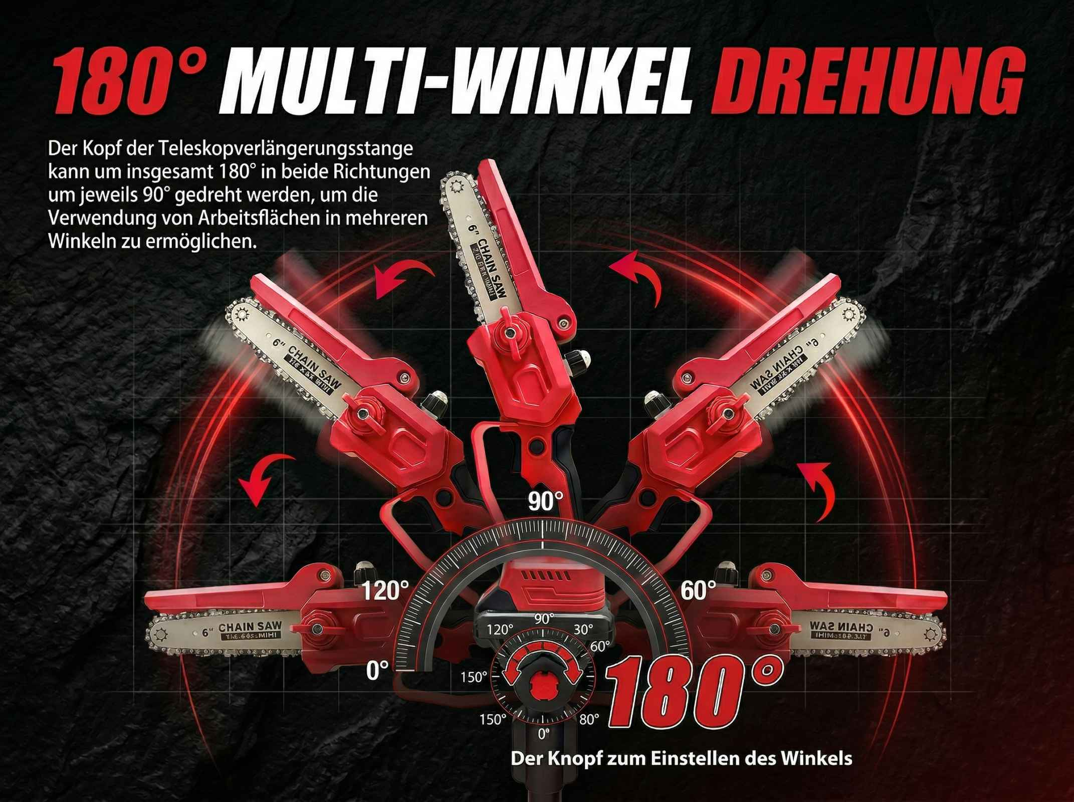 Rote Kettensäge mit 180° Multi-Winkel-Drehung, Winkelskala.
