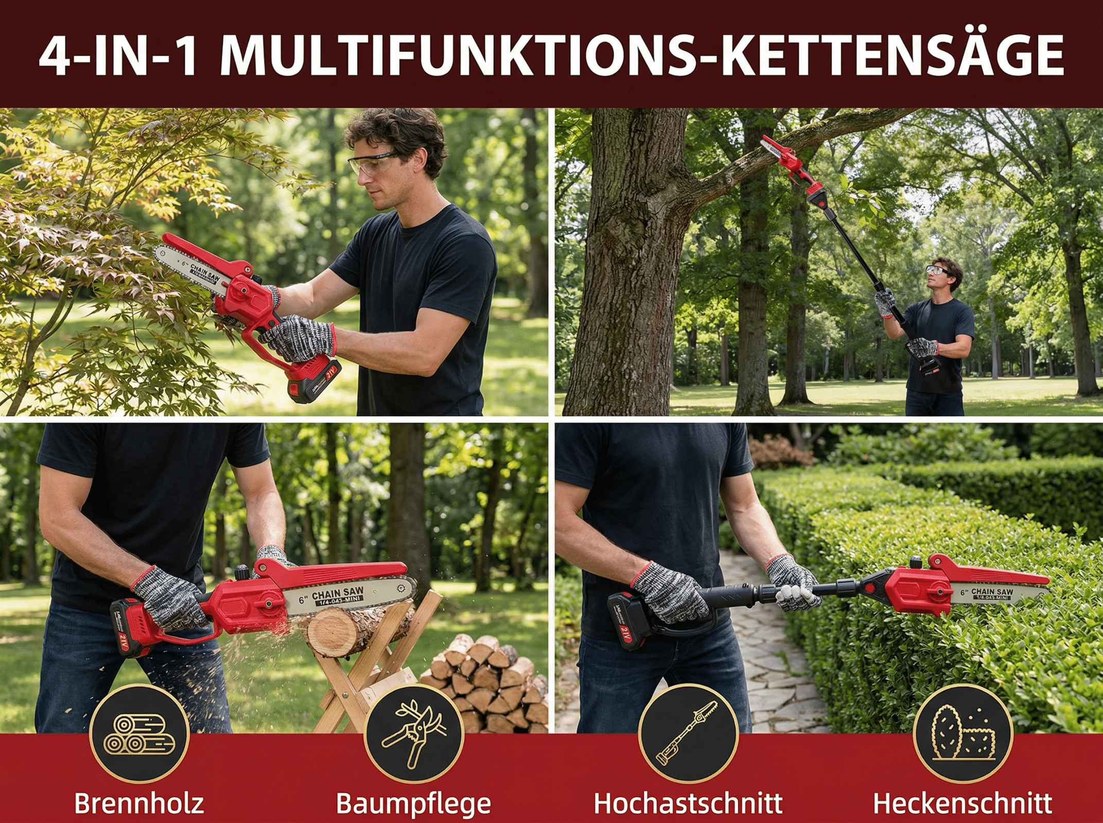 Mann benutzt 4-in-1 Kettensäge für Holz, Bäume und Hecken.