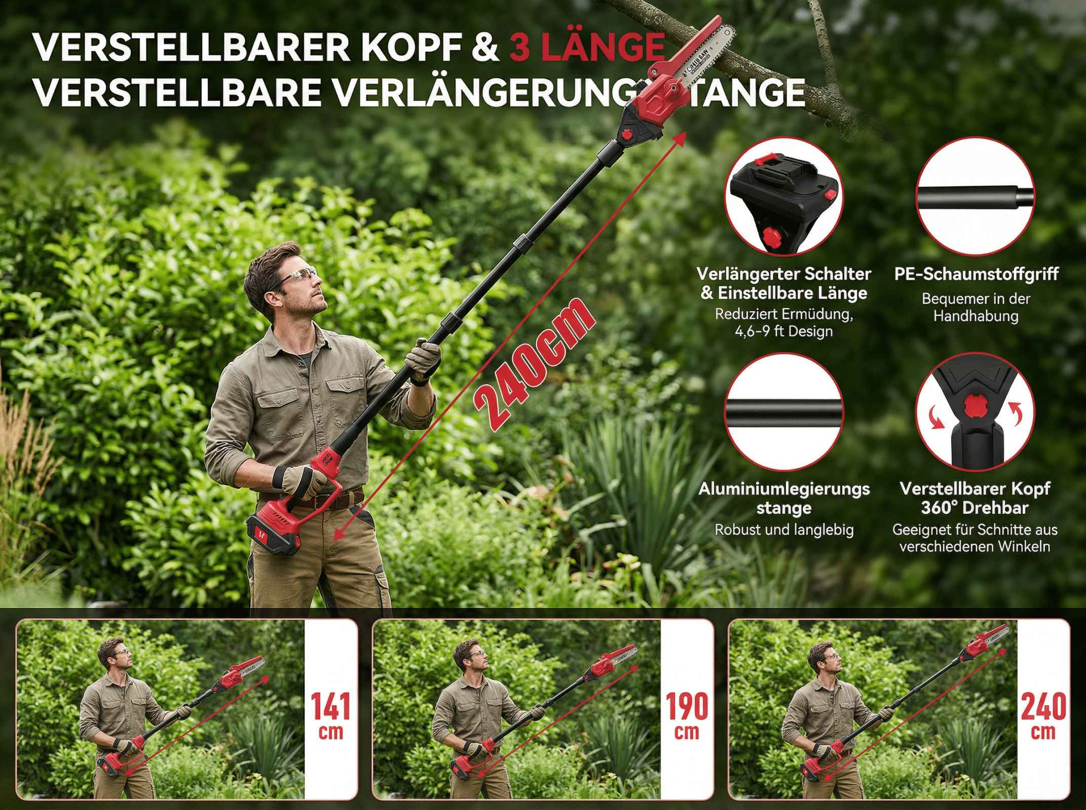 Ein Mann benutzt eine ausziehbare Säge mit 240cm Länge, um Äste zu schneiden.