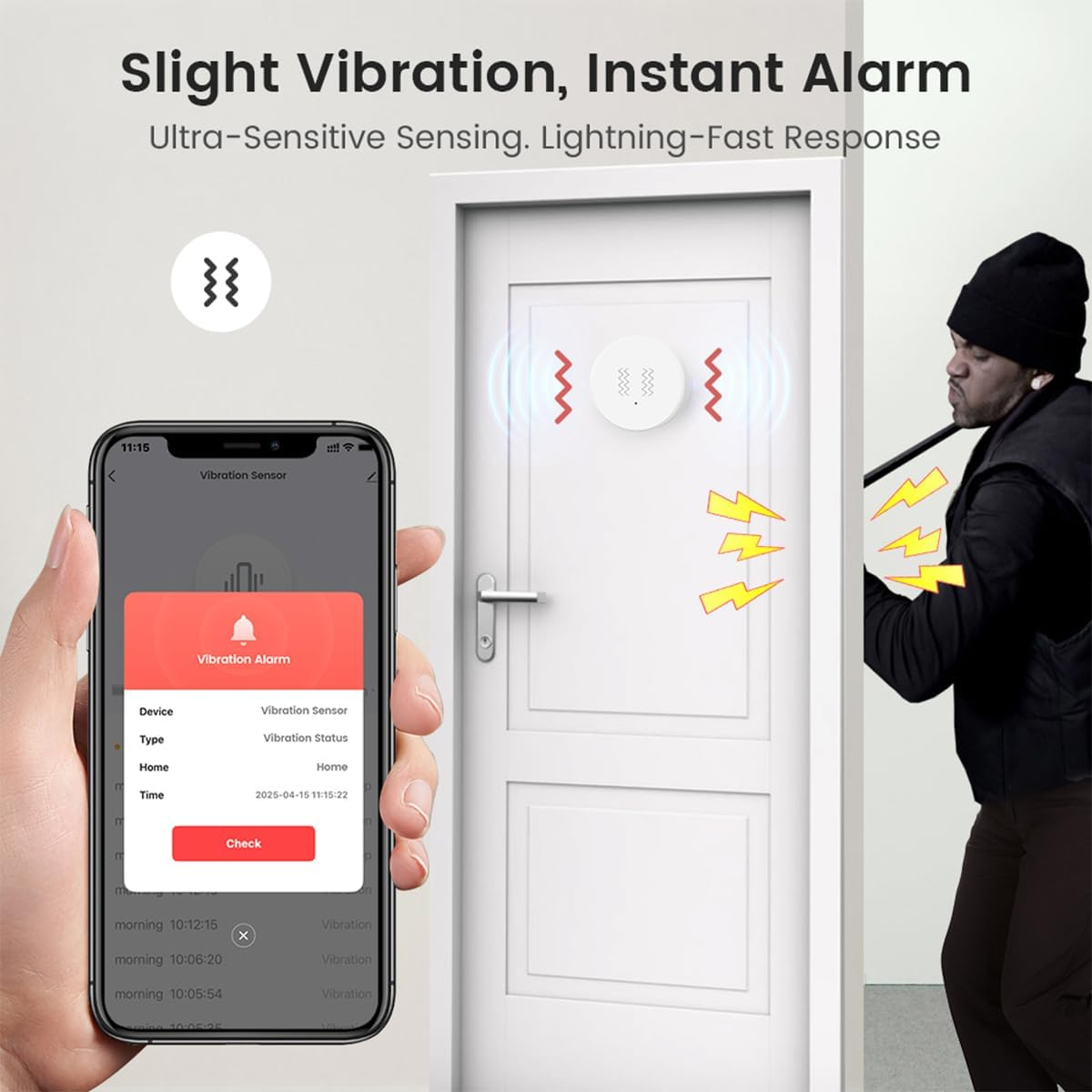 Ein Mann in Schwarz versucht, eine Tür zu öffnen. Ein Vibrationssensor löst einen Alarm aus.