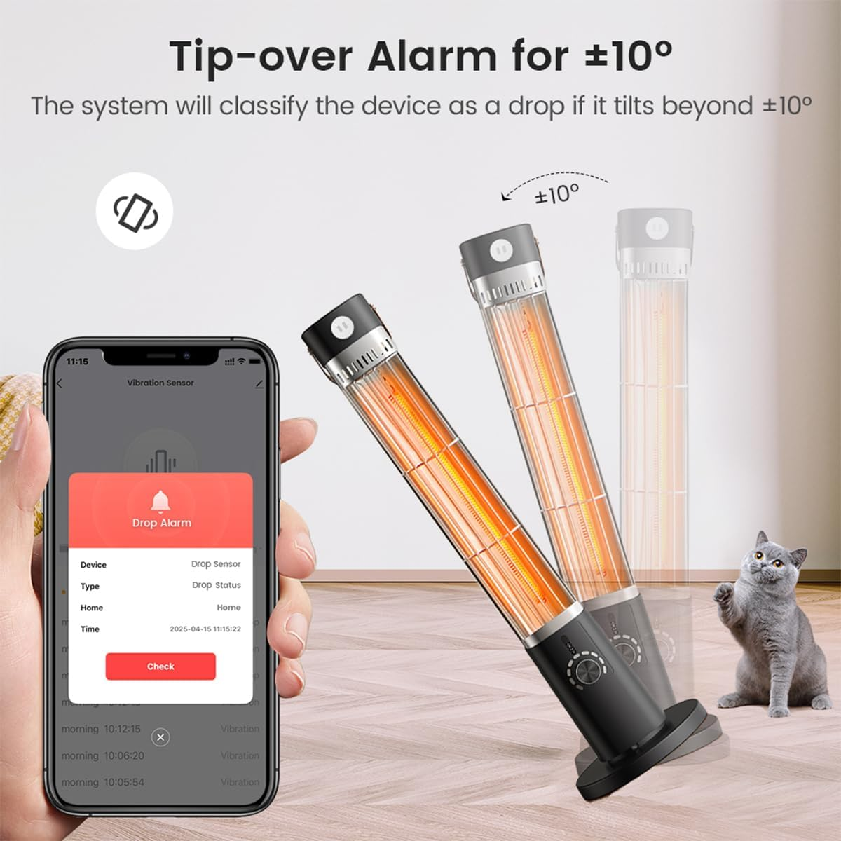 Handy zeigt Kippalarm für Heizung über 10° Neigung. Katze schaut zu.