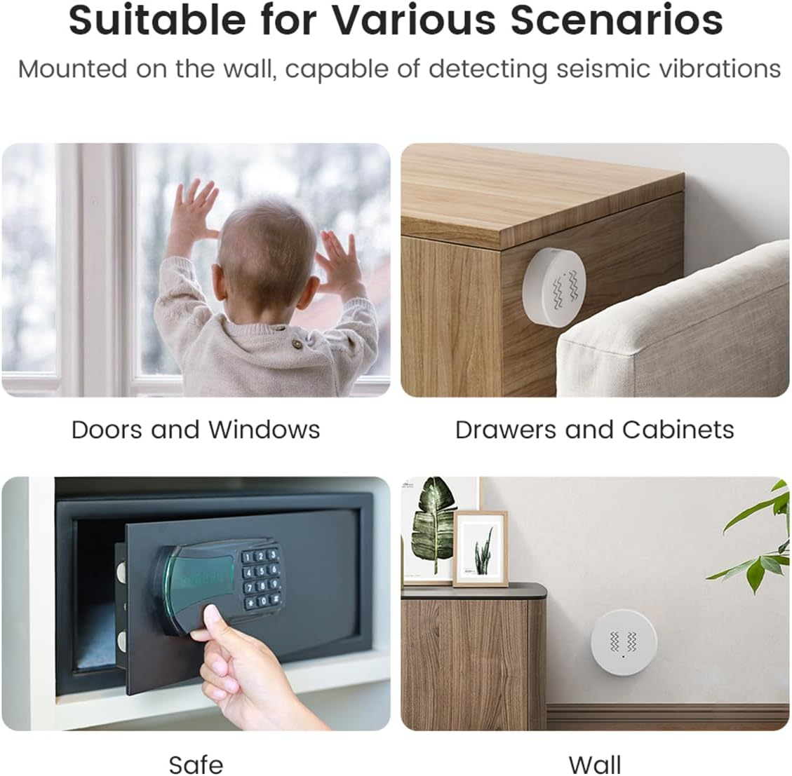 Ein Baby an einem Fenster, ein Gerät an einem Schrank, ein Safe, ein Gerät an einer Wand.