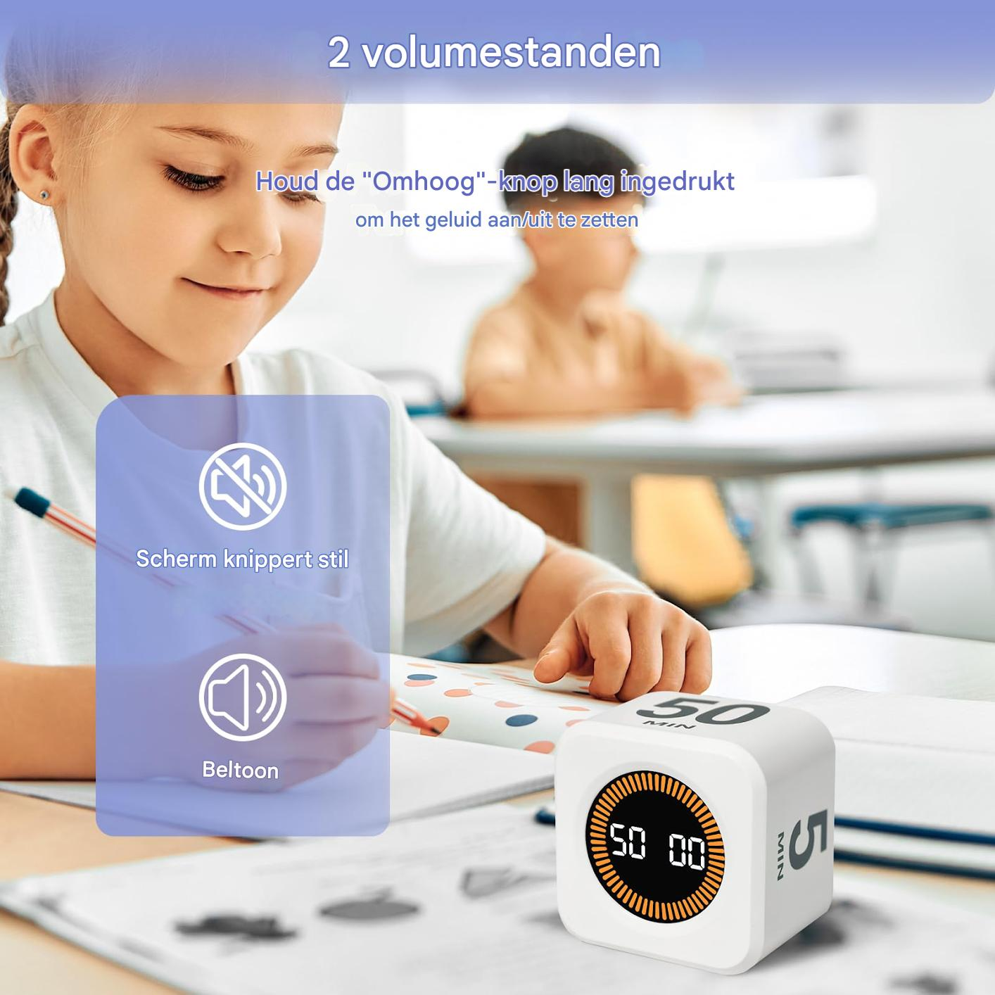 Ein Mädchen und ein Junge sitzen an einem Schreibtisch. Ein Timer zeigt 50:00.