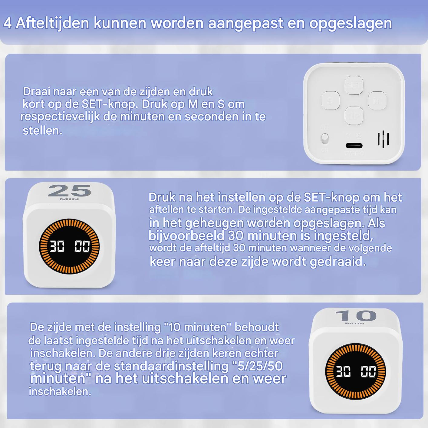 Ein weißer Würfel-Timer mit digitalen Anzeigen und Tasten. Zeigt 25 Min. und 30:00 an.