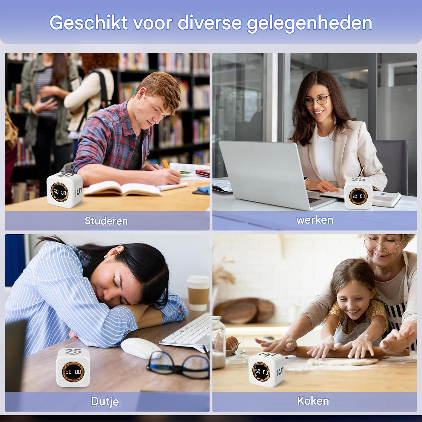 Vier Szenen: Lernen, Arbeiten, Nickerchen, Kochen mit Timern.