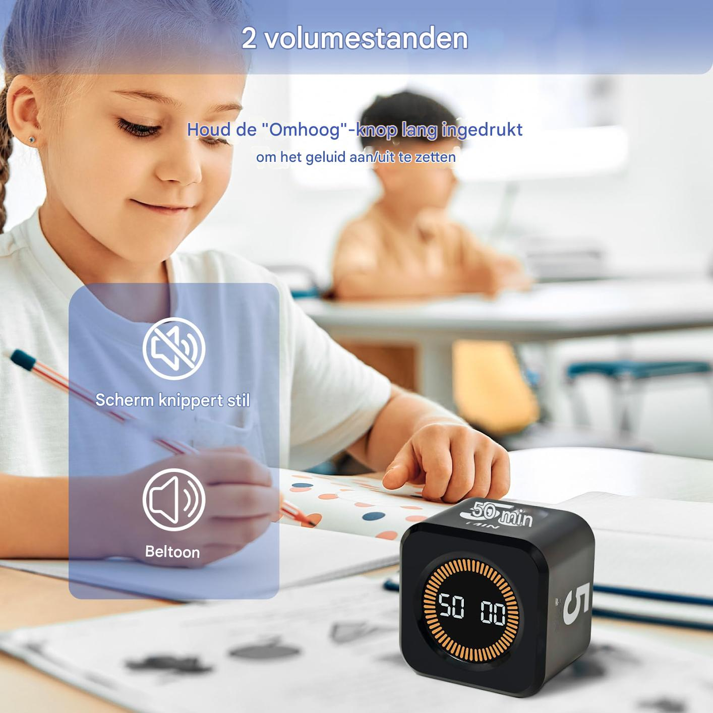 Ein Mädchen und ein Junge lernen, ein Timer zeigt 50:00 an.