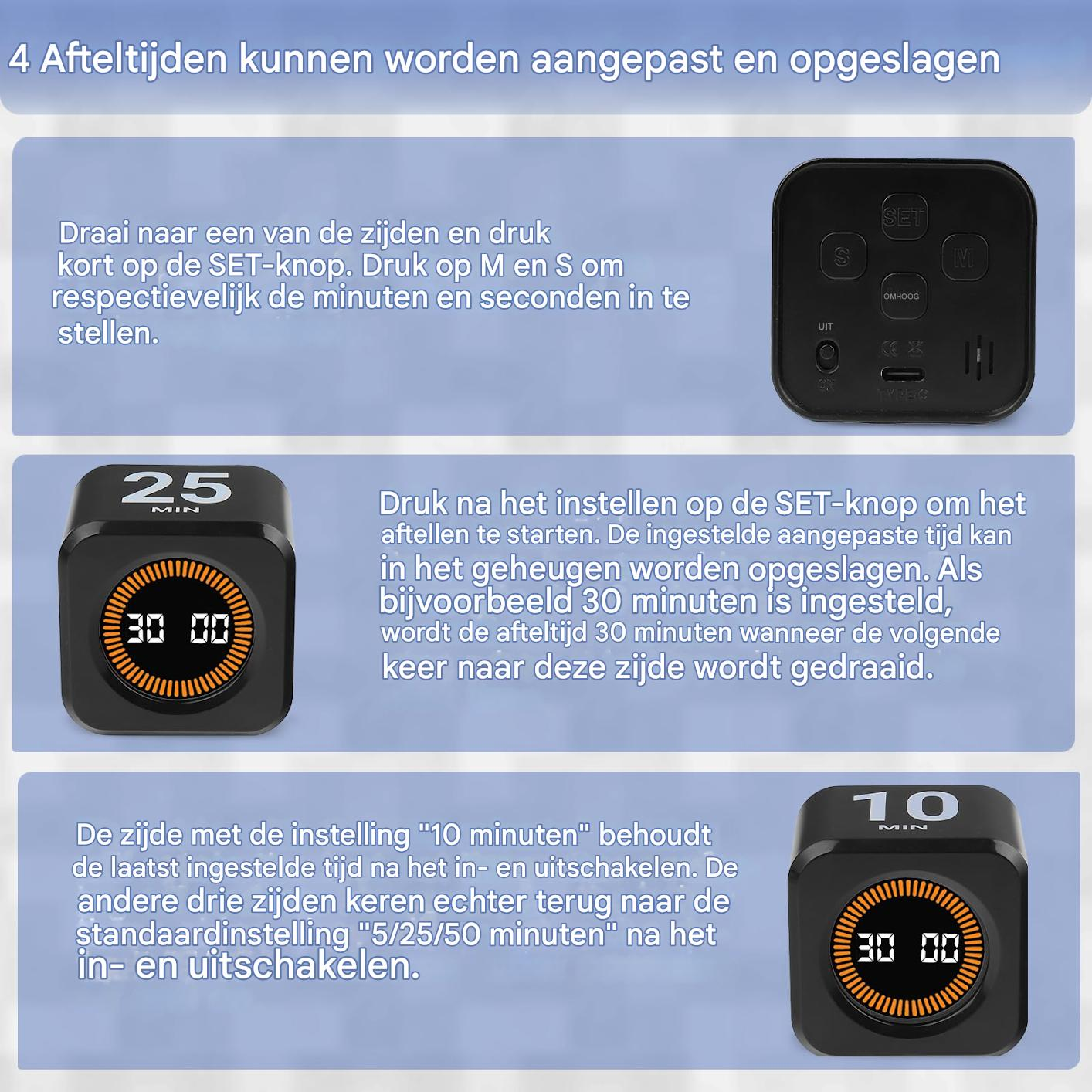 Ein schwarzer Würfel-Timer mit digitalen Anzeigen für 25 und 10 Minuten.