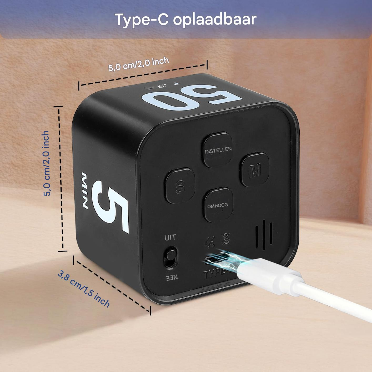 Schwarzer digitaler Timer mit Typ-C-Ladeanschluss und hervorgehobenen Maßen.