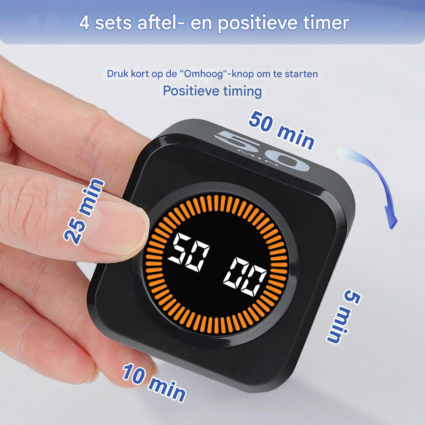 Ein schwarzer Timer mit digitaler Anzeige 50:00, umgeben von orangen Segmenten.